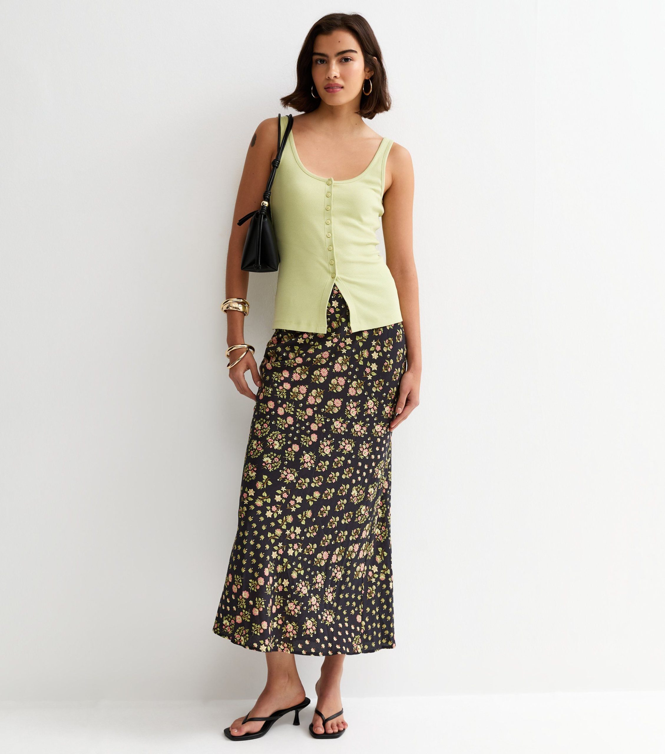 Black Floral Bias Cut Midi Skirt - Image 3