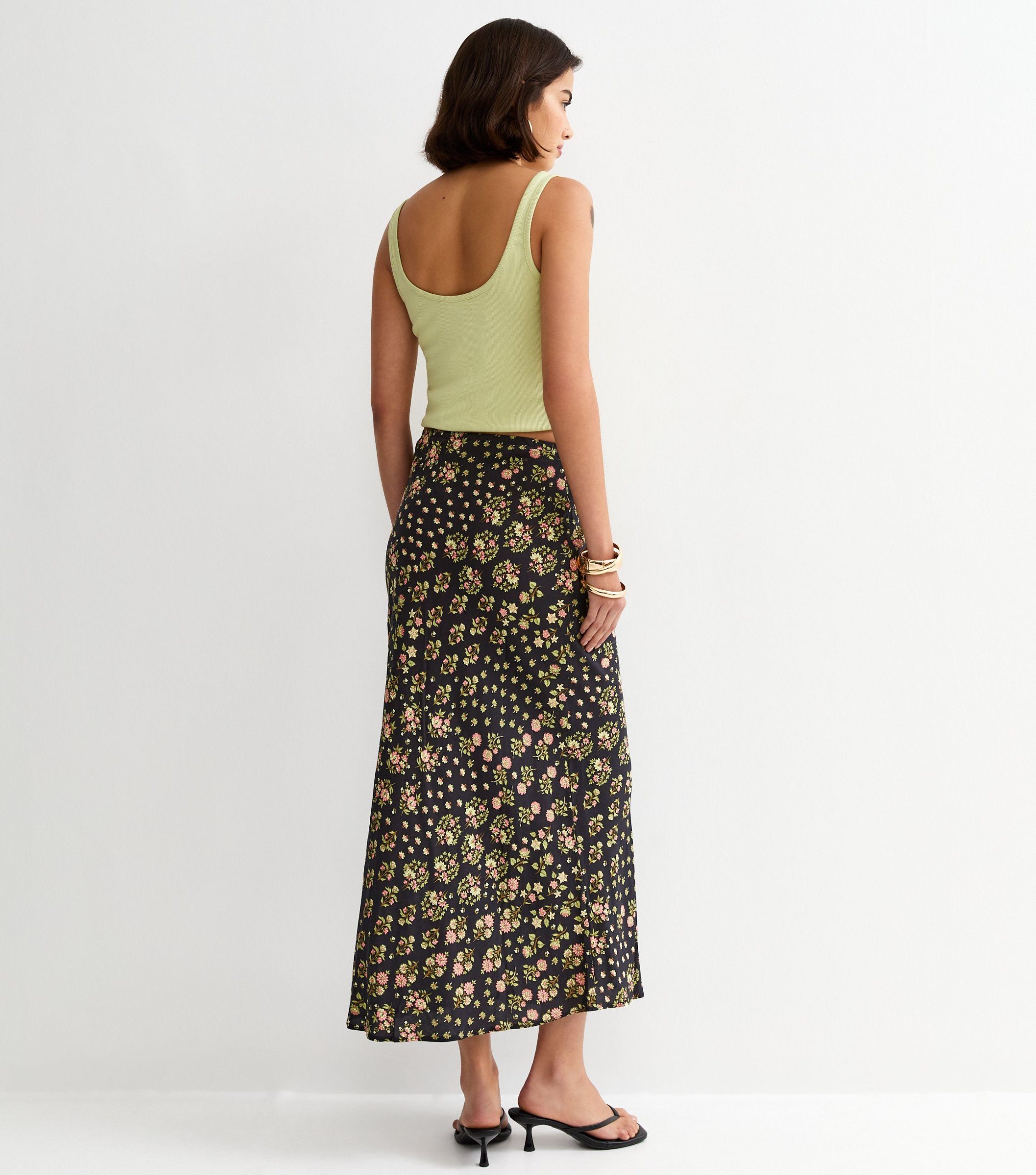 Black Floral Bias Cut Midi Skirt - Image 4