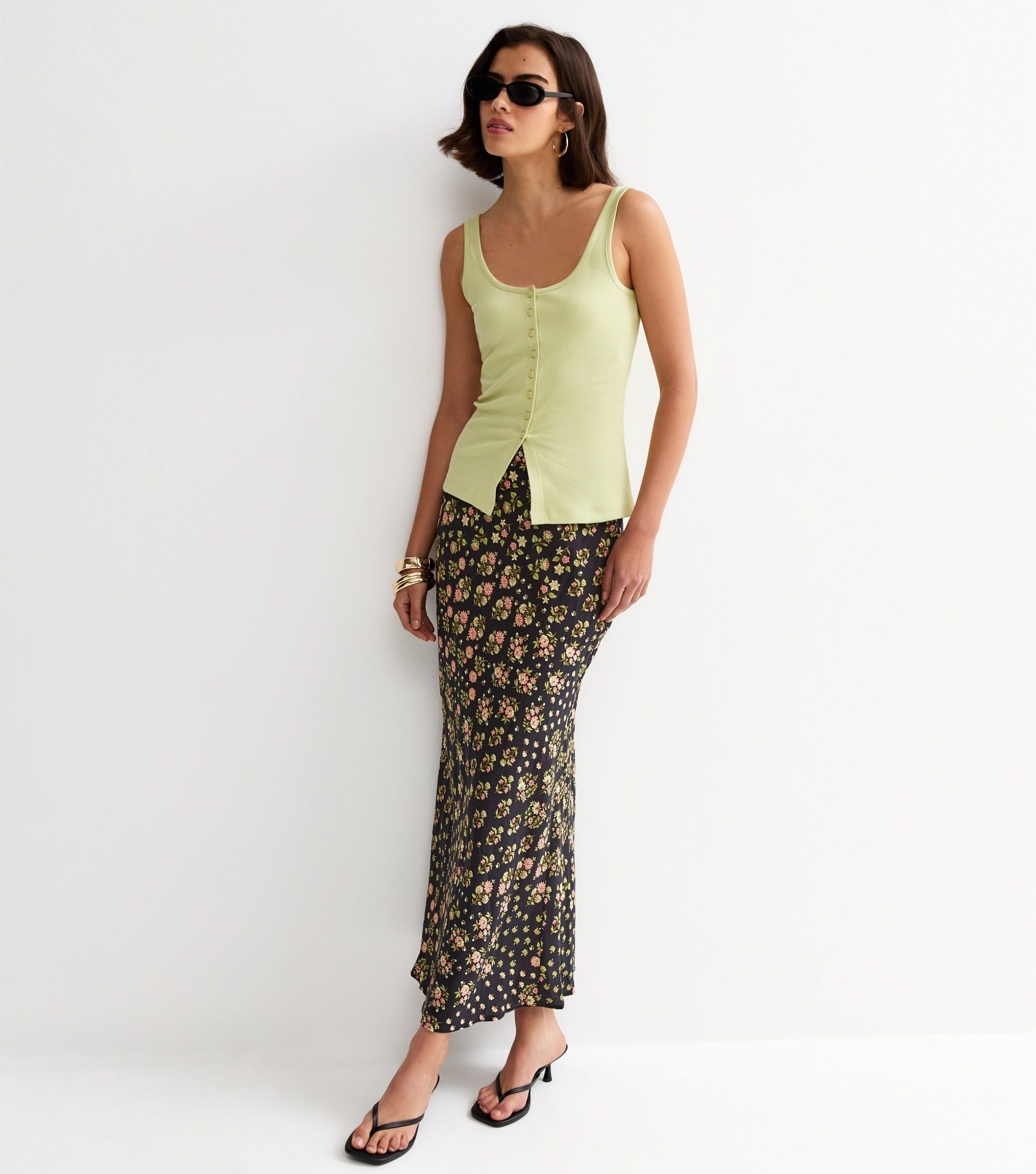 Black Floral Bias Cut Midi Skirt