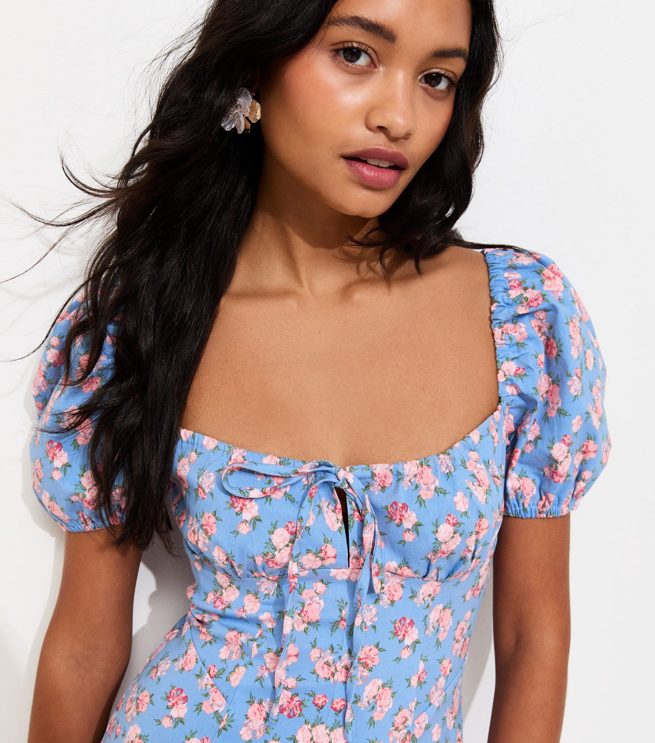 Blue Rose Print Milkmaid Midi Dress - Image 2