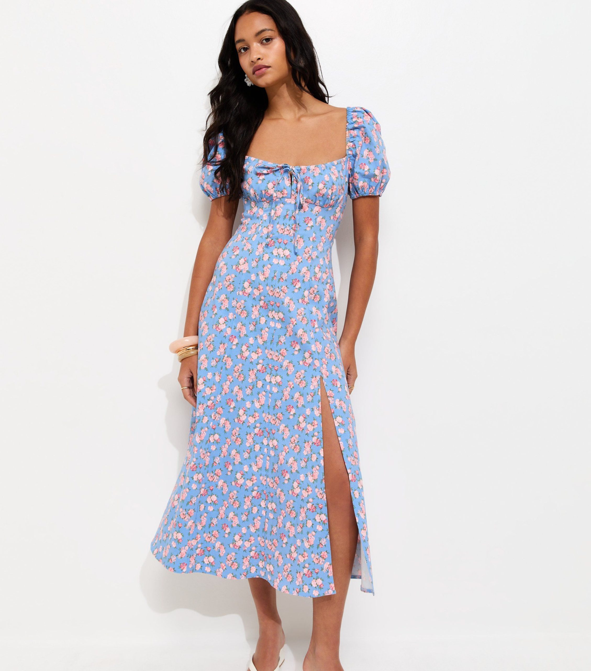 Blue Rose Print Milkmaid Midi Dress - Image 3