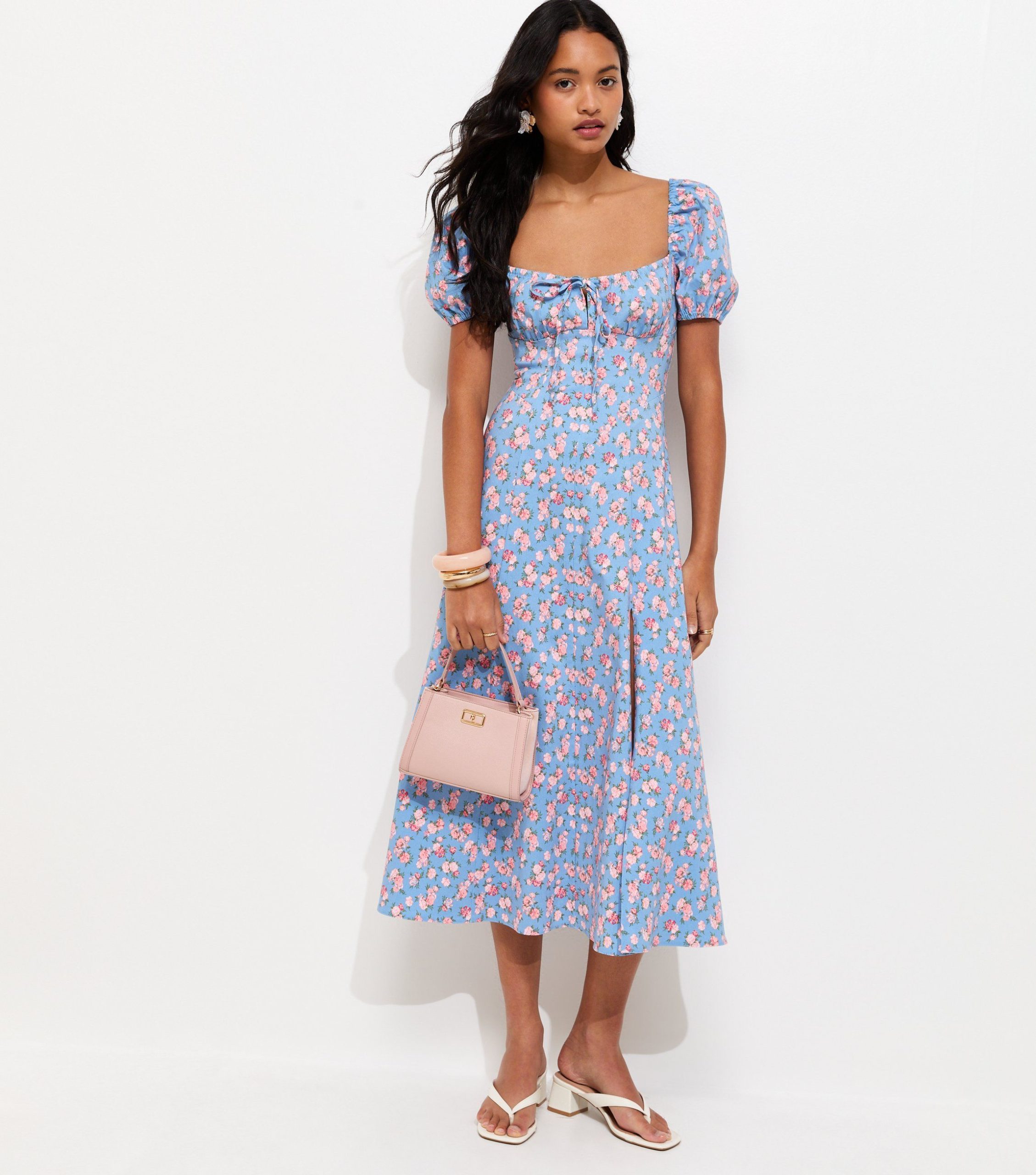 Blue Rose Print Milkmaid Midi Dress - Image 4
