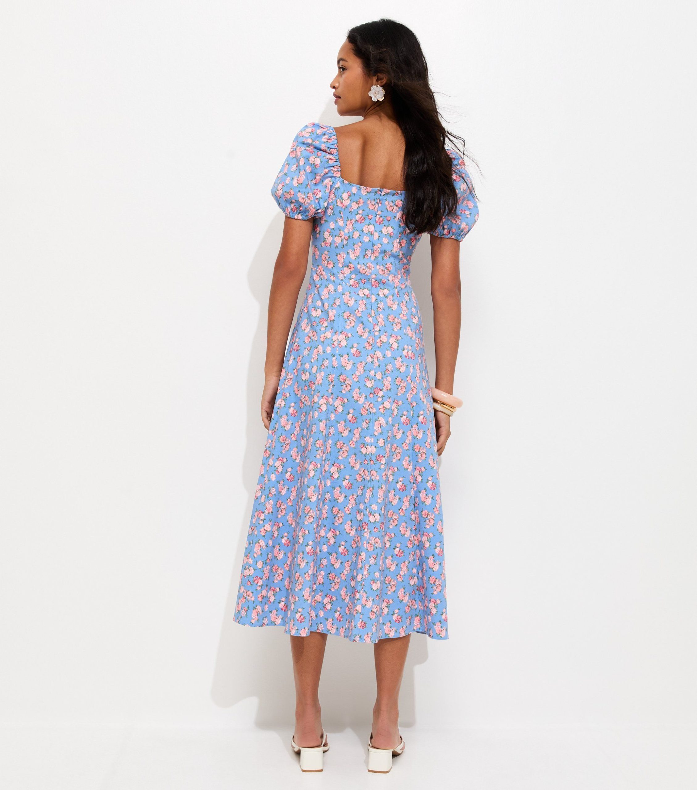 Blue Rose Print Milkmaid Midi Dress - Image 5