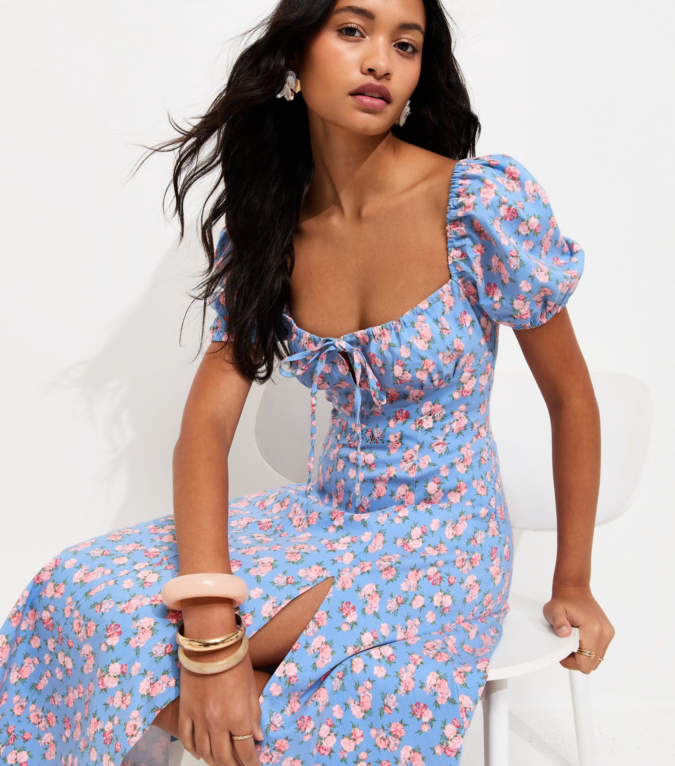 Blue Rose Print Milkmaid Midi Dress