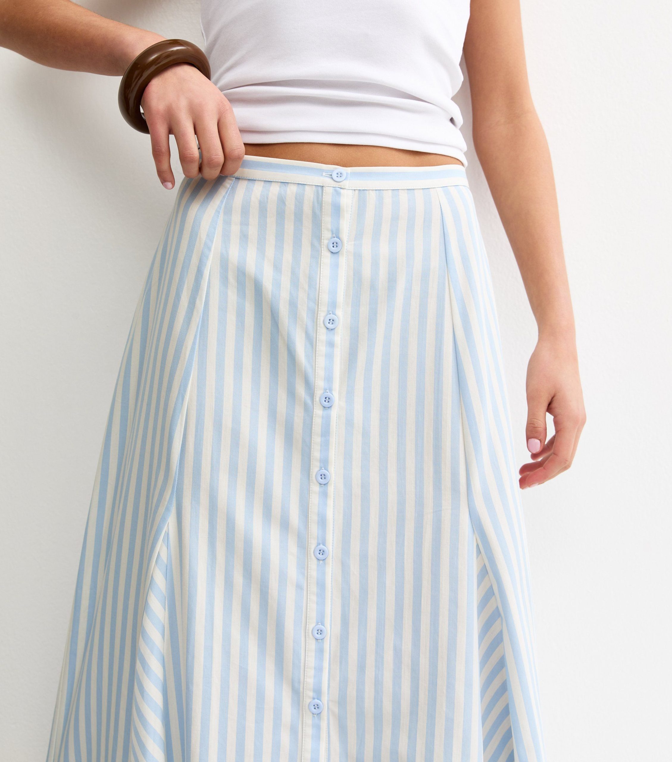 Blue Striped Cotton Button Through Midi Skirt - Image 2