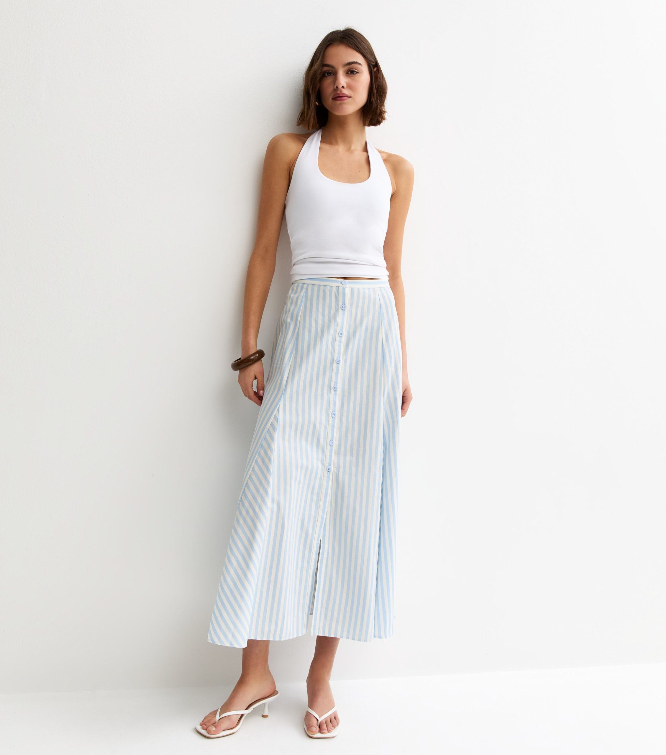 Blue Striped Cotton Button Through Midi Skirt - Image 3