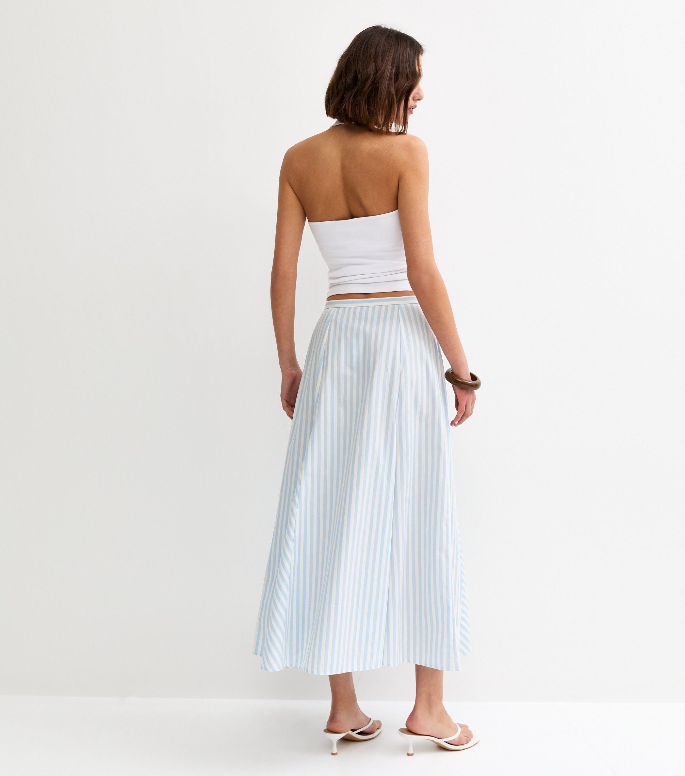 Blue Striped Cotton Button Through Midi Skirt - Image 4