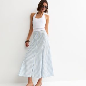 Blue Striped Cotton Button Through Midi Skirt