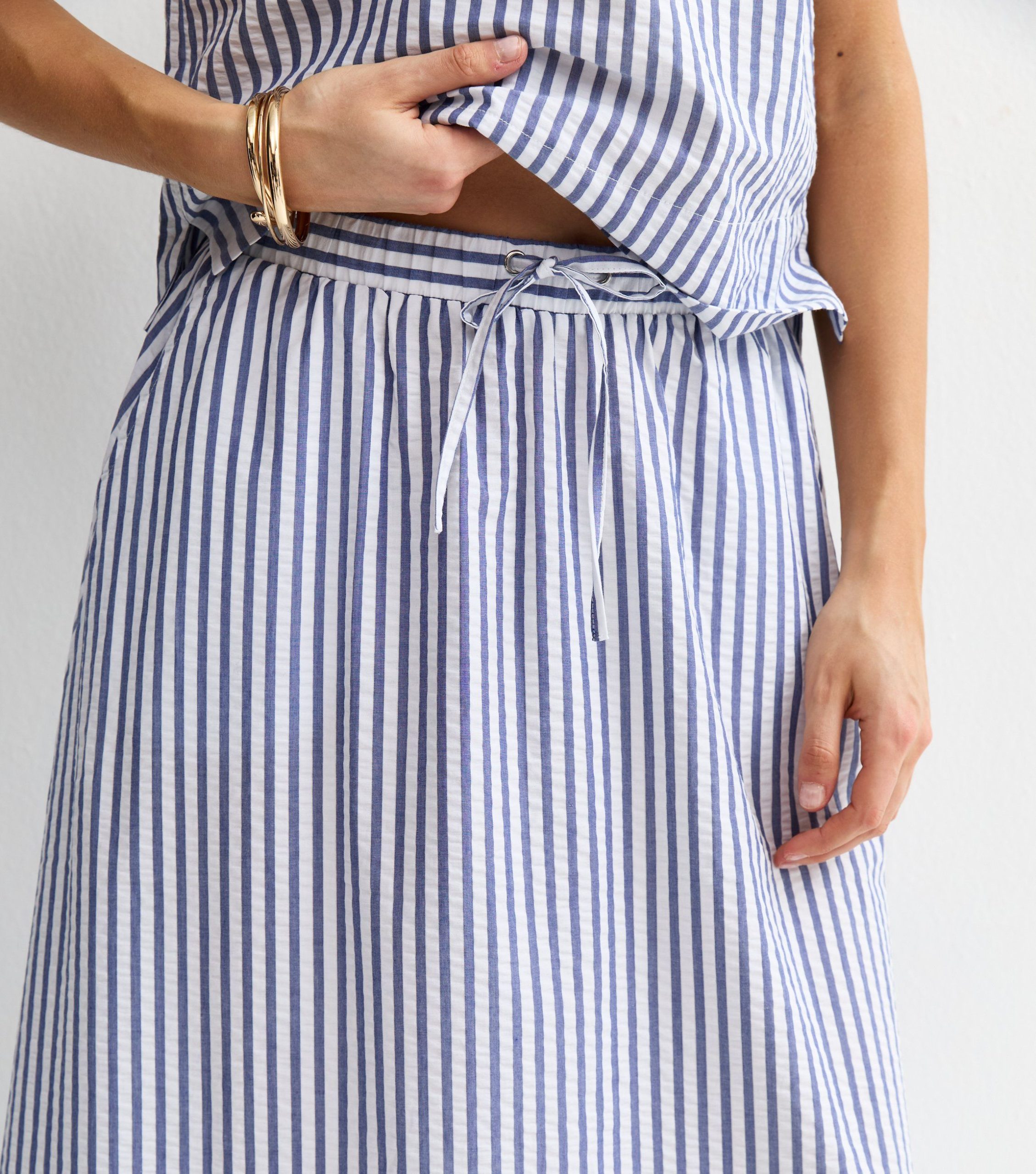 Blue Striped Cotton Seersucker Circle Maxi Skirt - Image 2