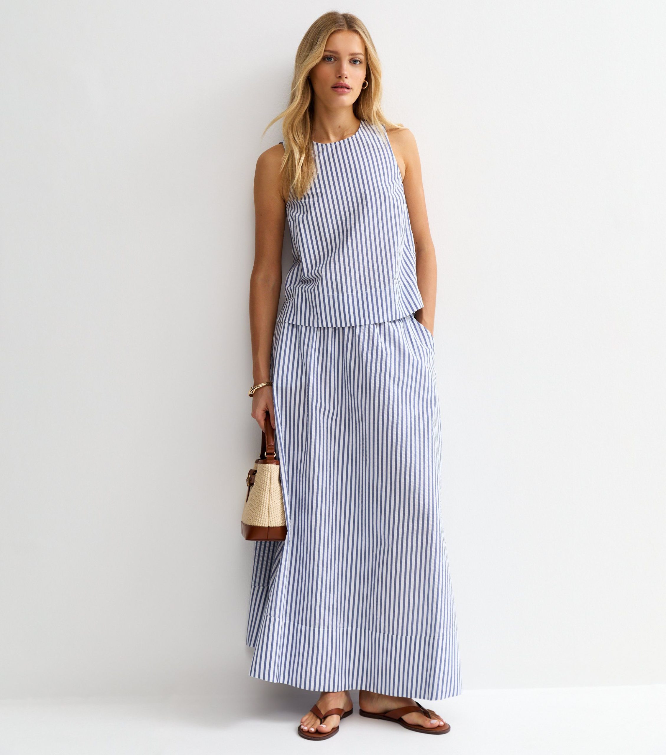 Blue Striped Cotton Seersucker Circle Maxi Skirt - Image 3