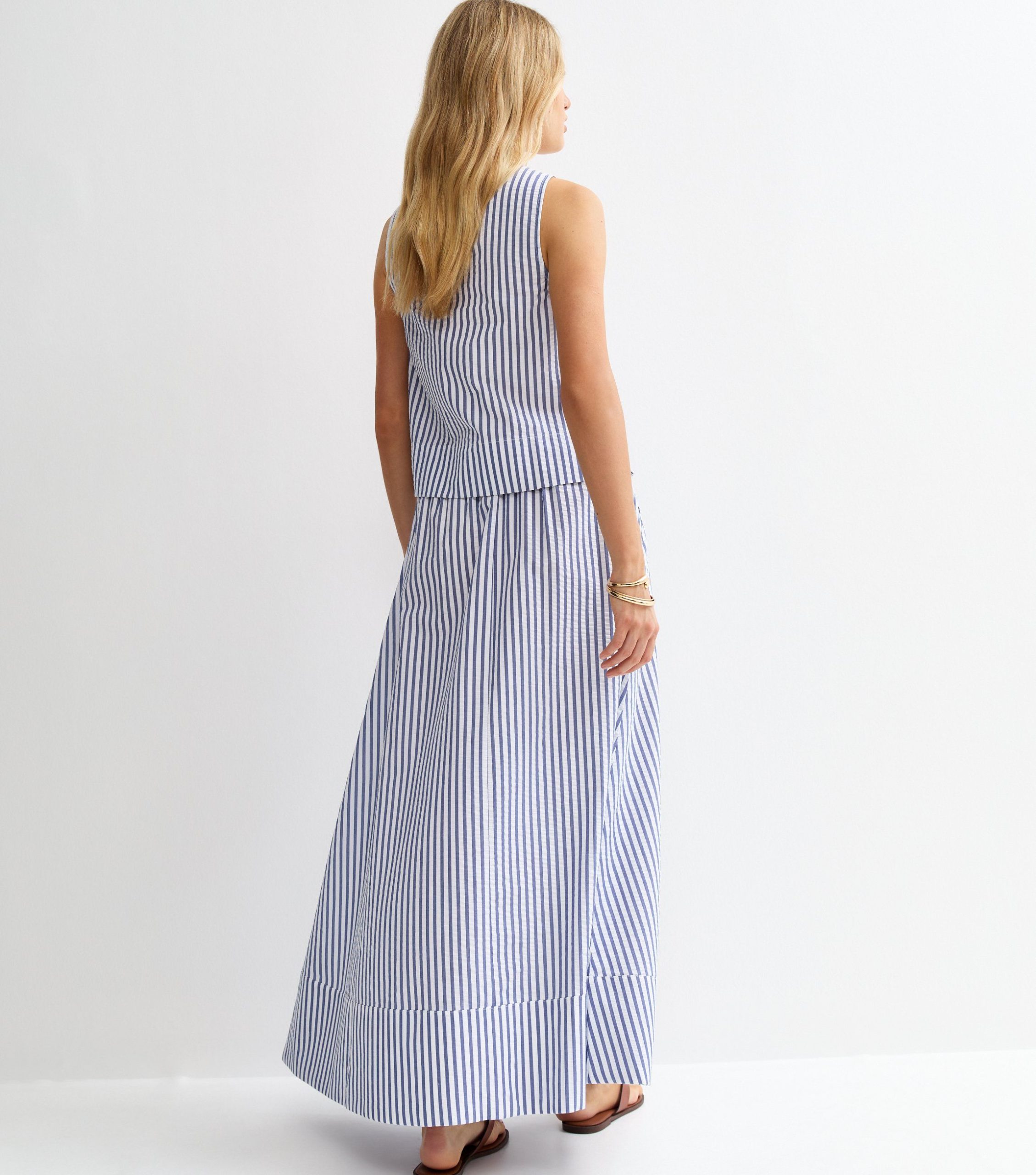 Blue Striped Cotton Seersucker Circle Maxi Skirt - Image 4