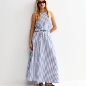 Blue Striped Cotton Seersucker Circle Maxi Skirt