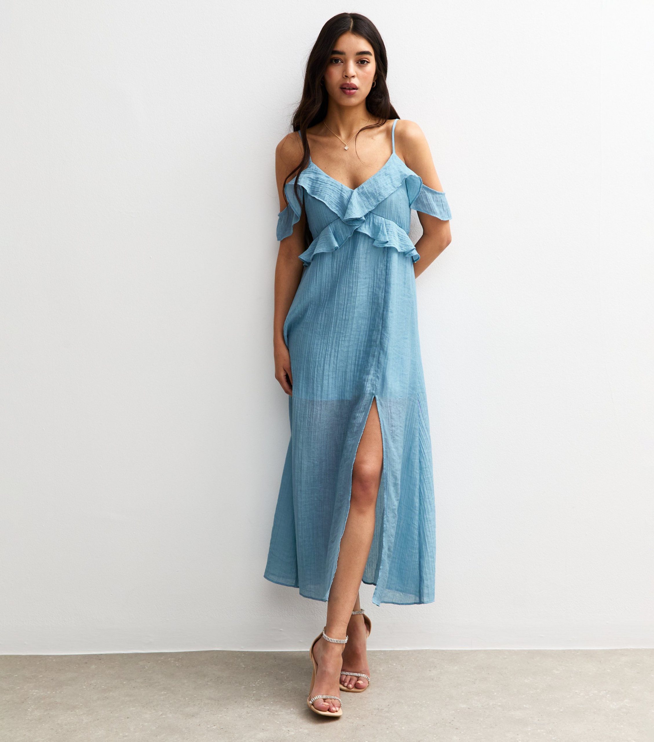 Blue Textured Cold Shoulder Frill Trim Midi Dress - Image 2