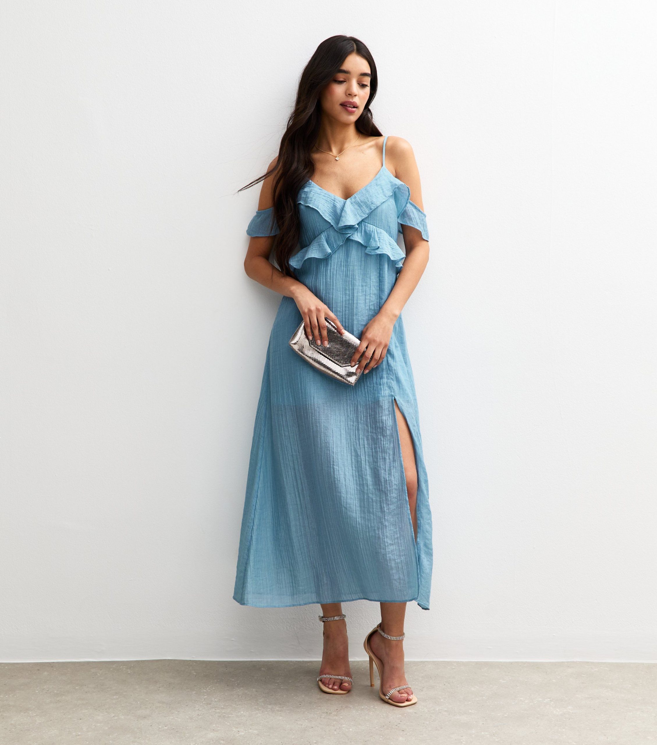 Blue Textured Cold Shoulder Frill Trim Midi Dress - Image 3
