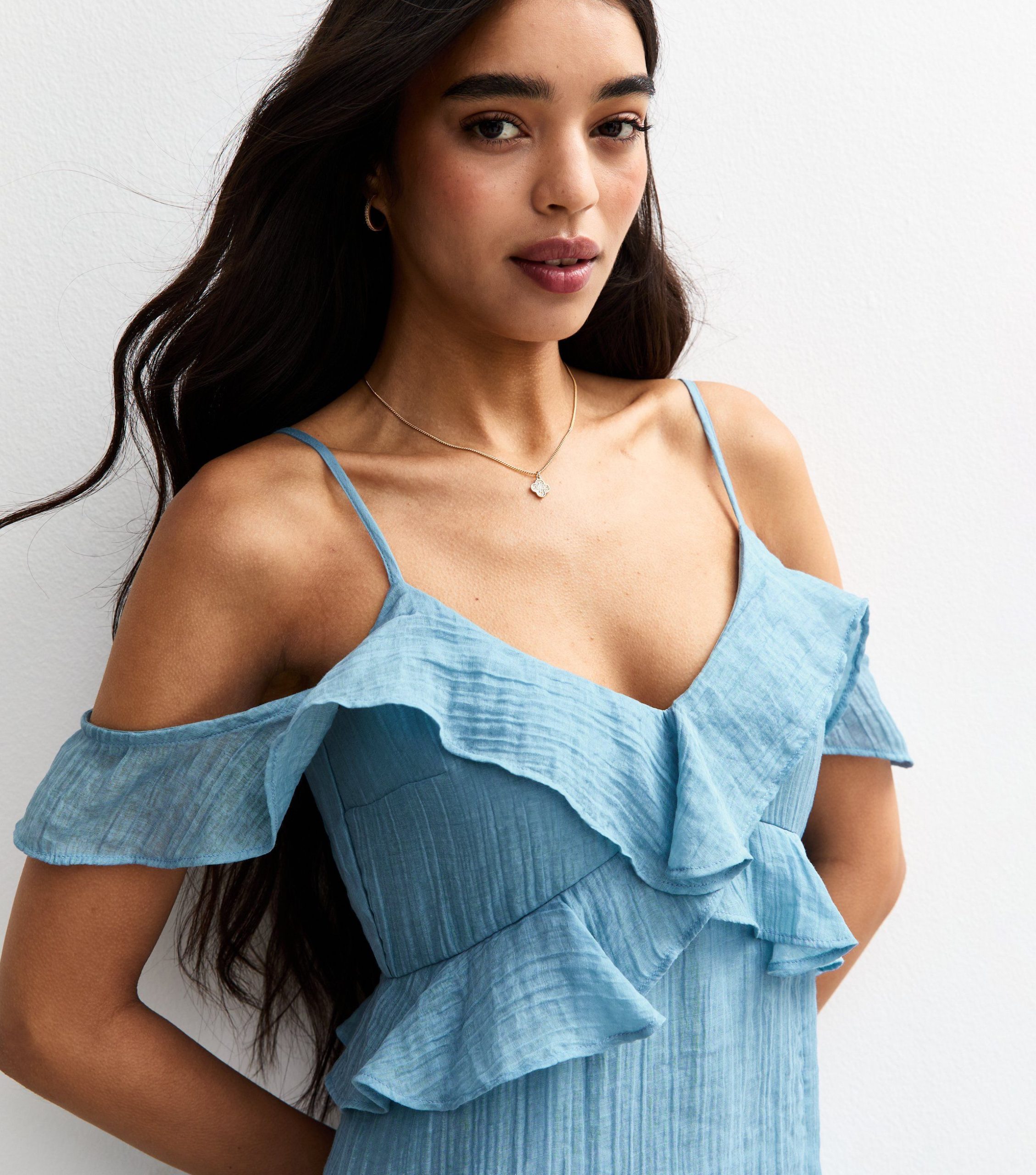 Blue Textured Cold Shoulder Frill Trim Midi Dress - Image 4