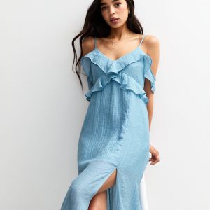 Blue Textured Cold Shoulder Frill Trim Midi Dress