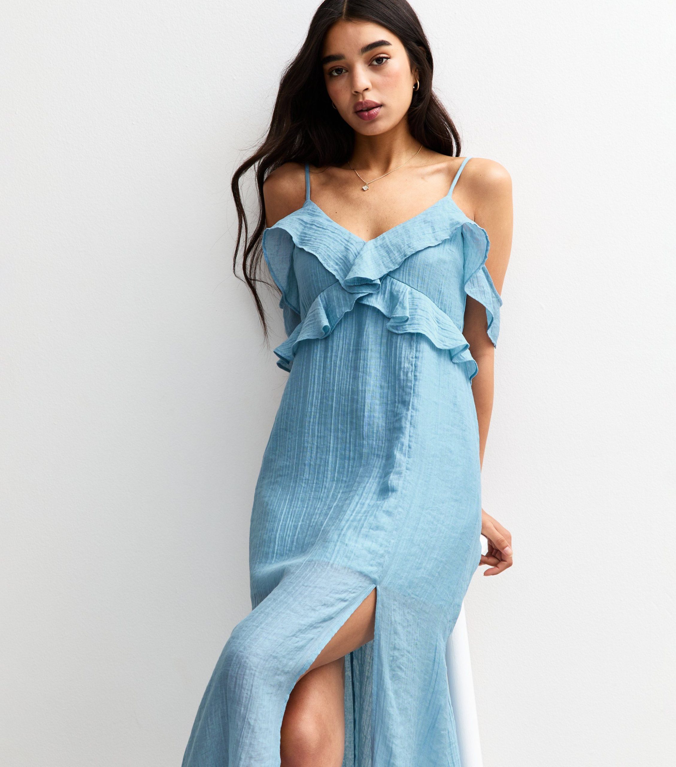 Blue Textured Cold Shoulder Frill Trim Midi Dress