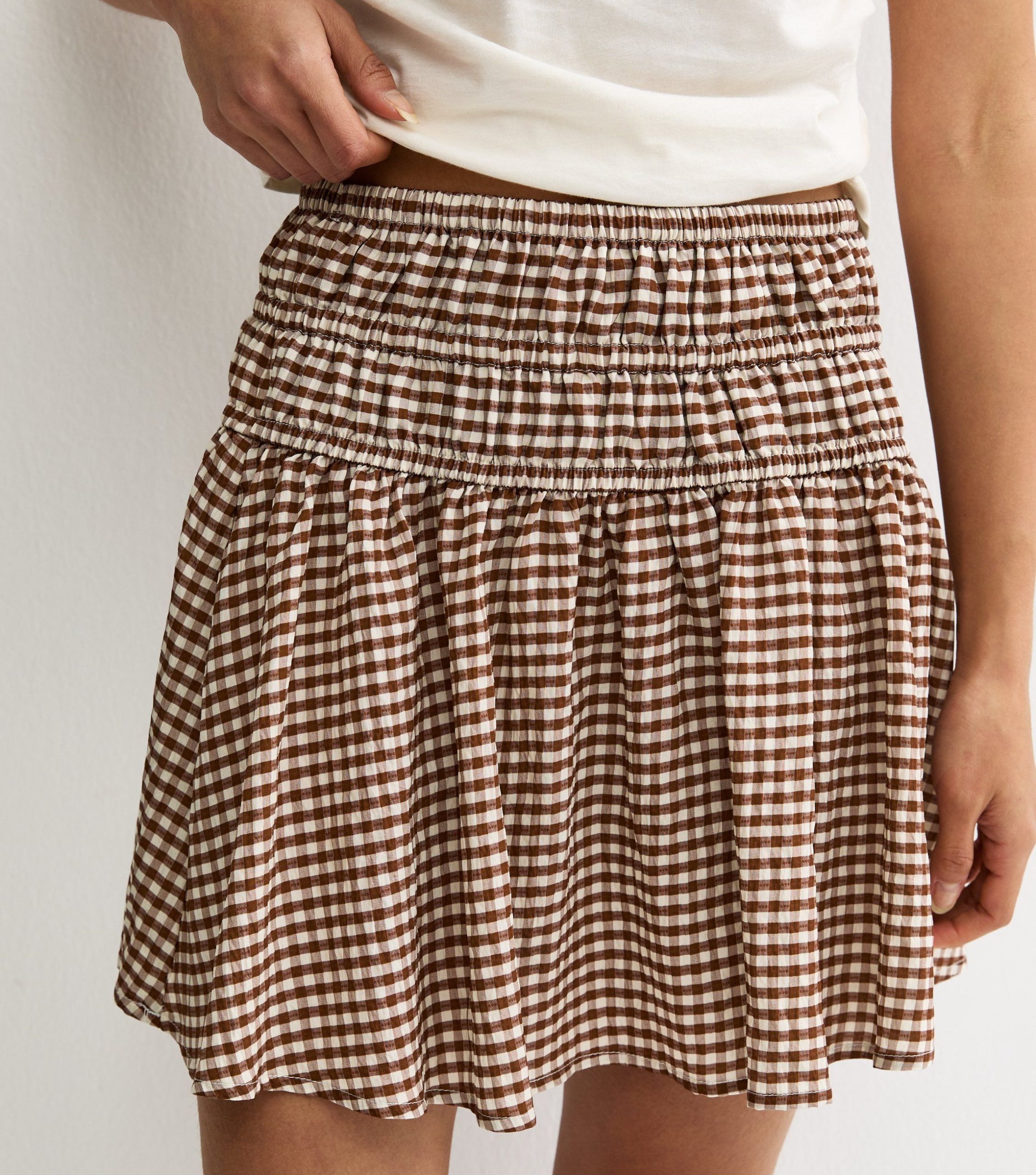 Brown Gingham Seersucker Mini Skirt - Image 2