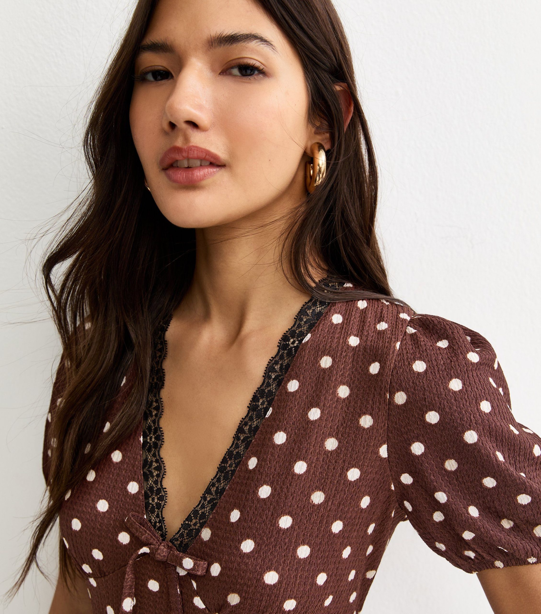 Brown Polka Dot Lace Trim Mini Dress - Image 2