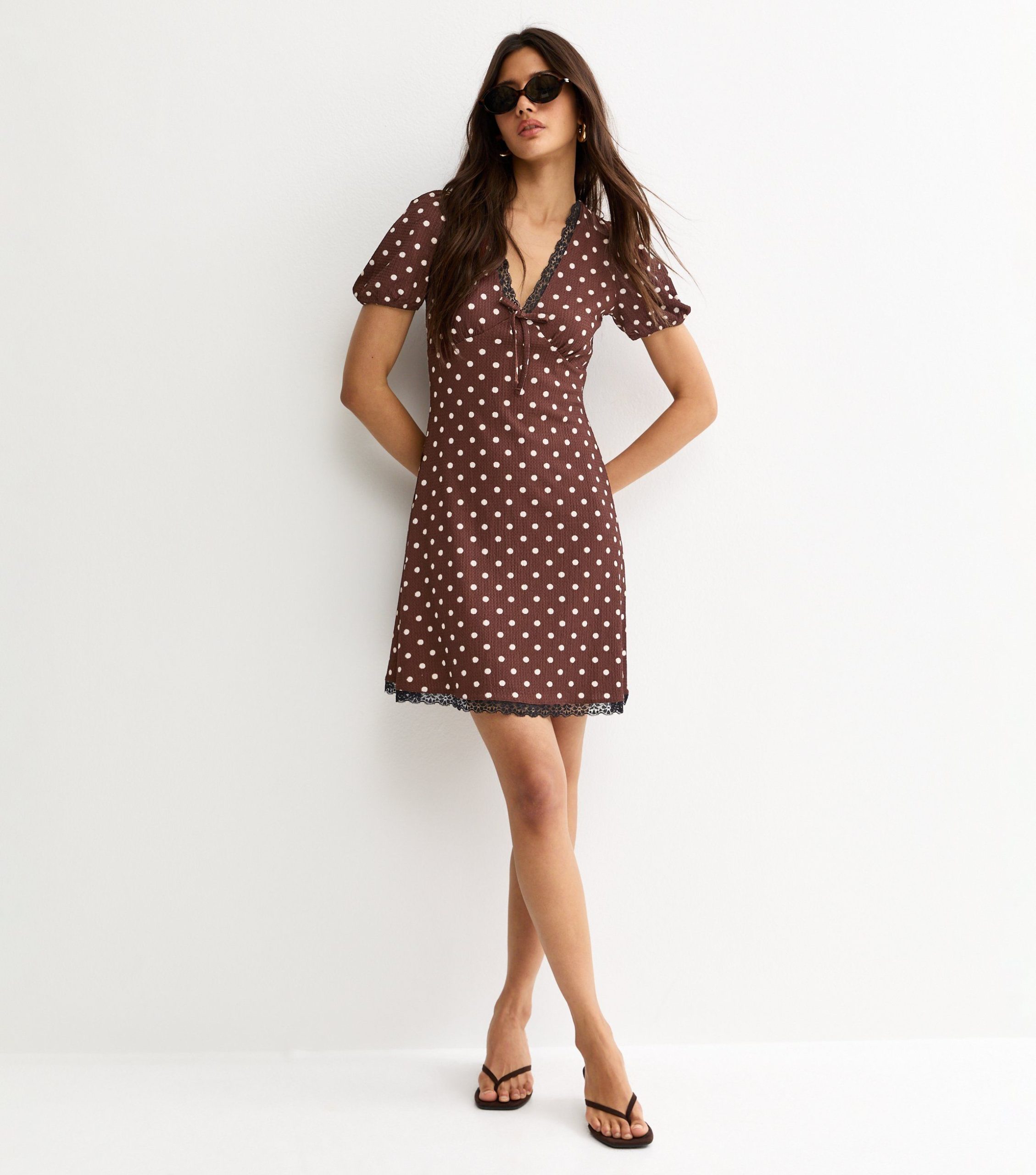 Brown Polka Dot Lace Trim Mini Dress - Image 3