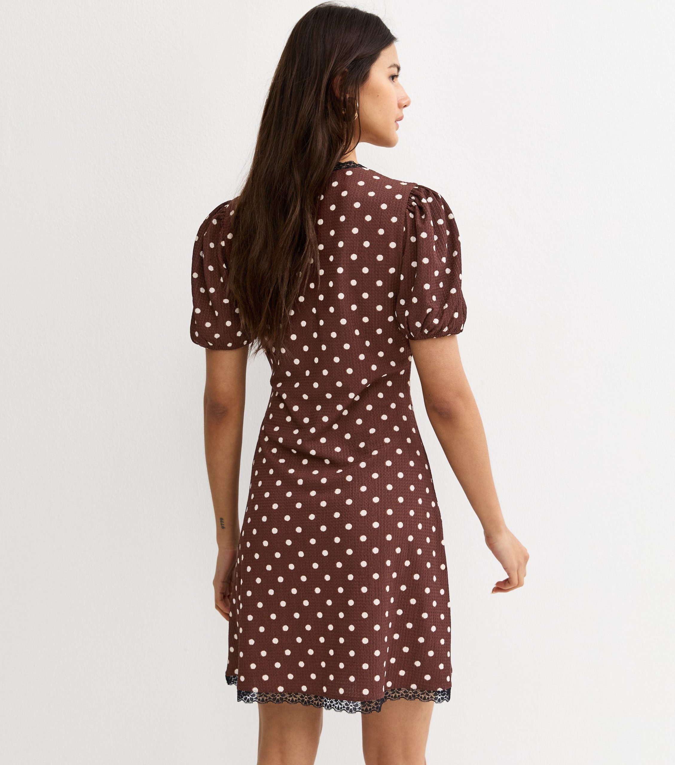 Brown Polka Dot Lace Trim Mini Dress - Image 4