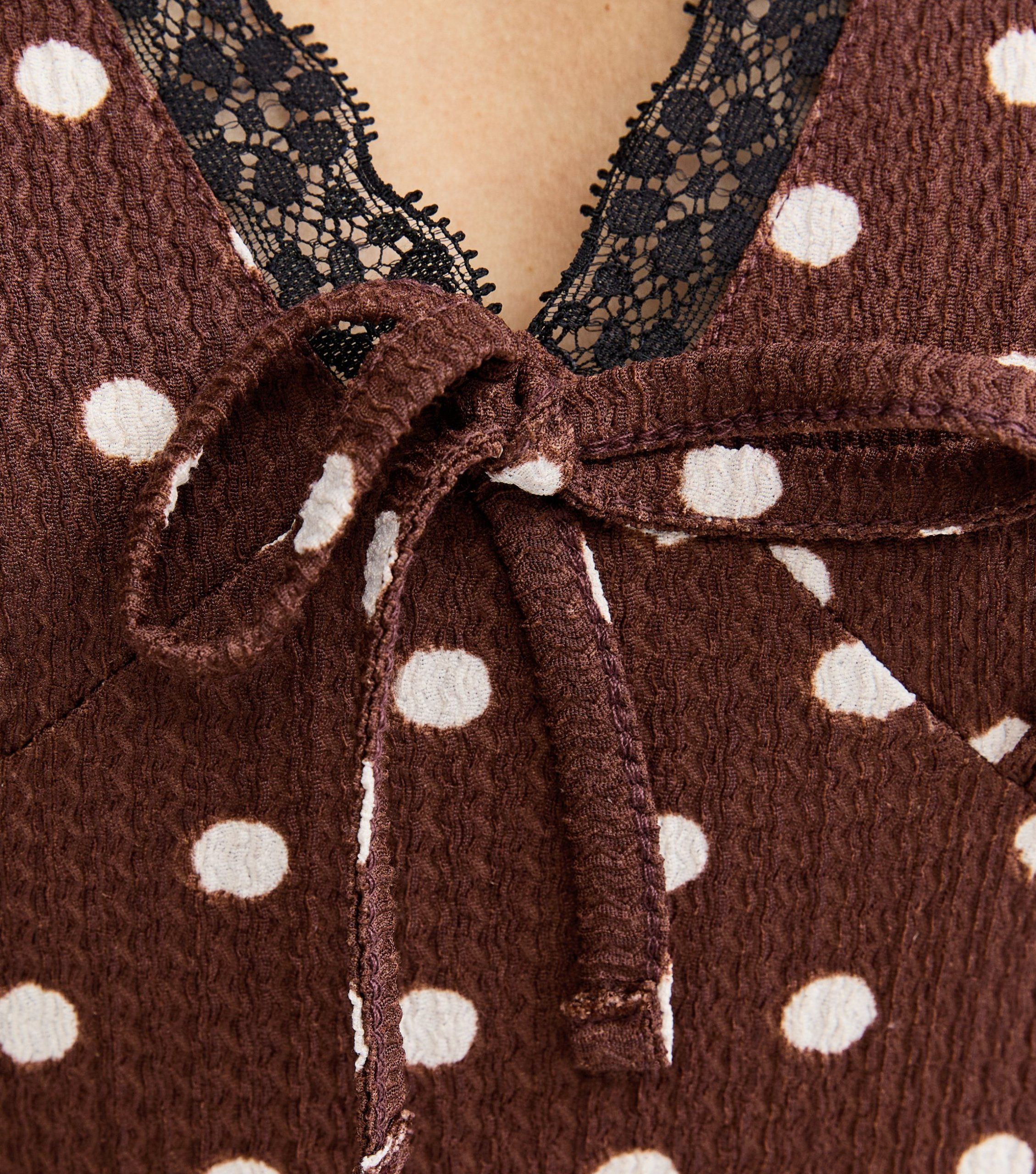 Brown Polka Dot Lace Trim Mini Dress - Image 5