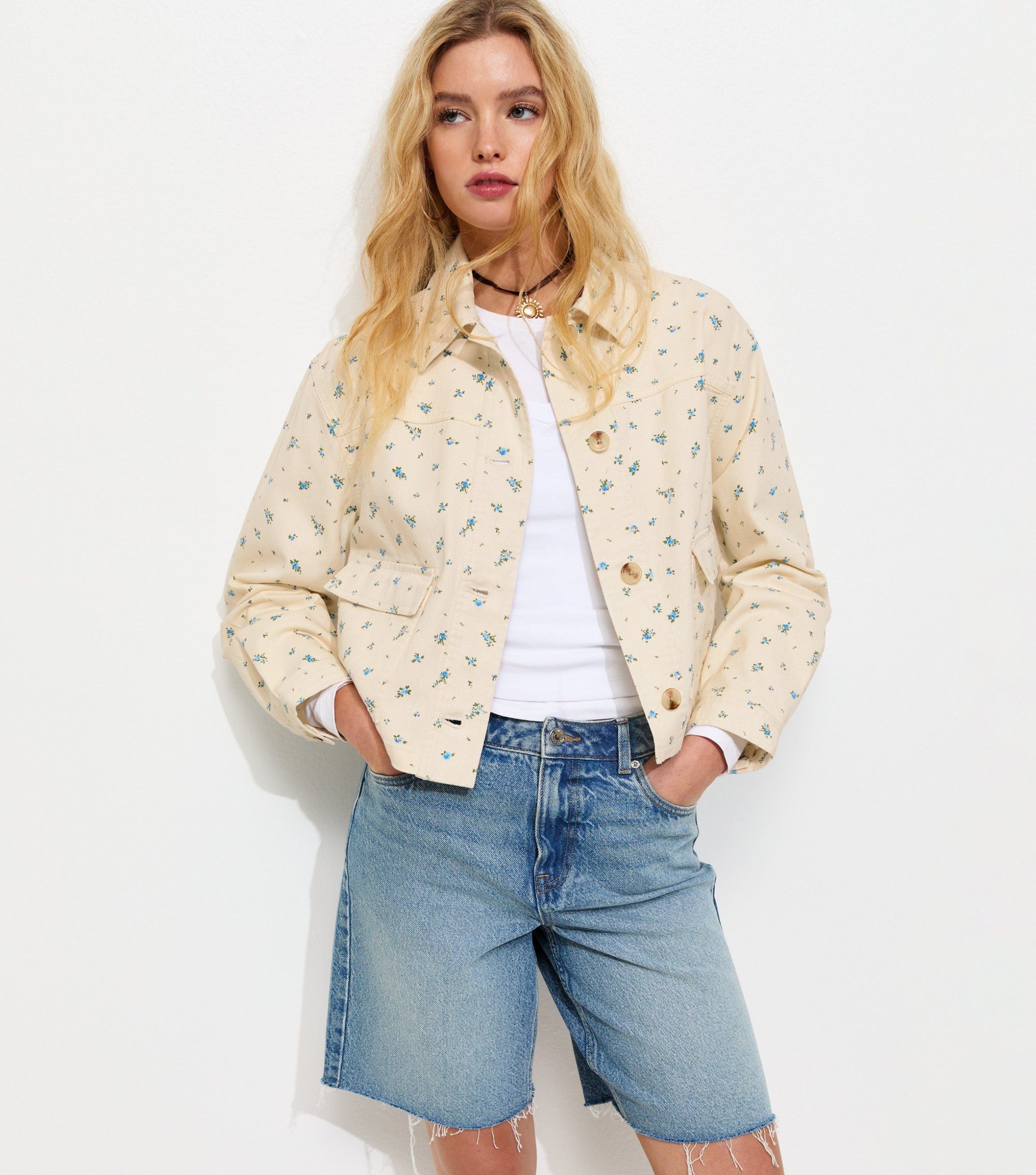 Cream Cotton Ditsy Floral Shacket