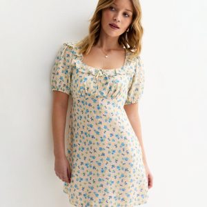 Cream Ditsy Floral Square Neck Mini Dresss