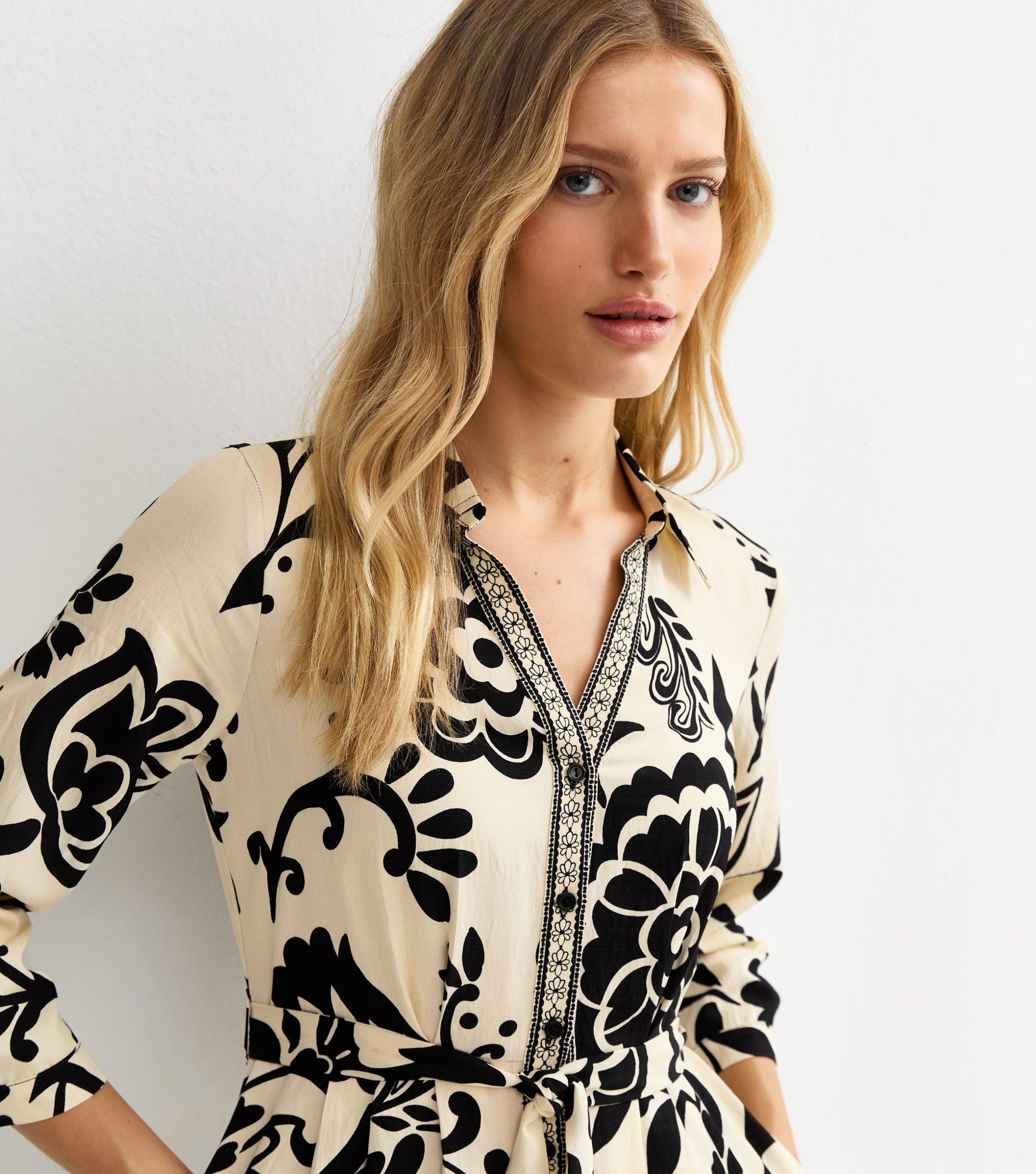 Cream Floral Border Tile Print Midi Shirt Dress - Image 2