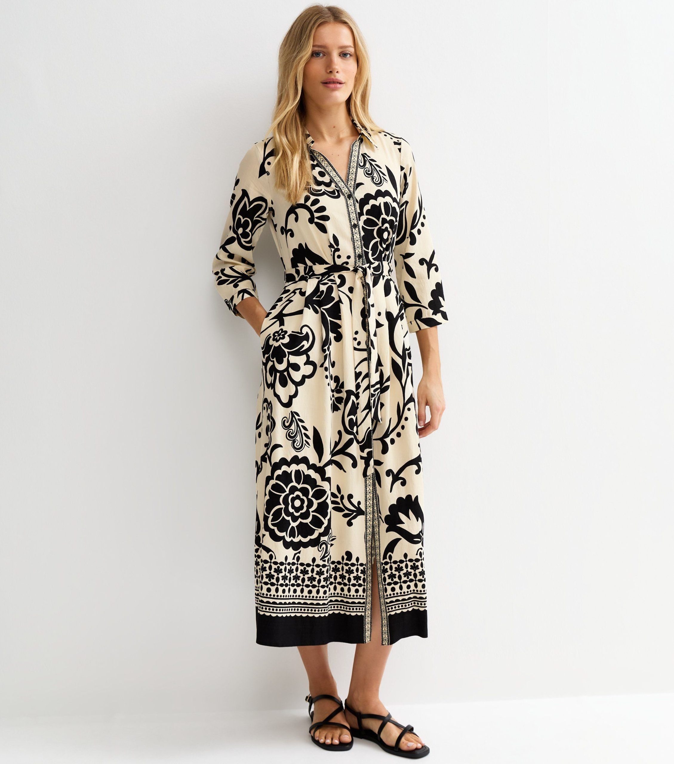 Cream Floral Border Tile Print Midi Shirt Dress - Image 3
