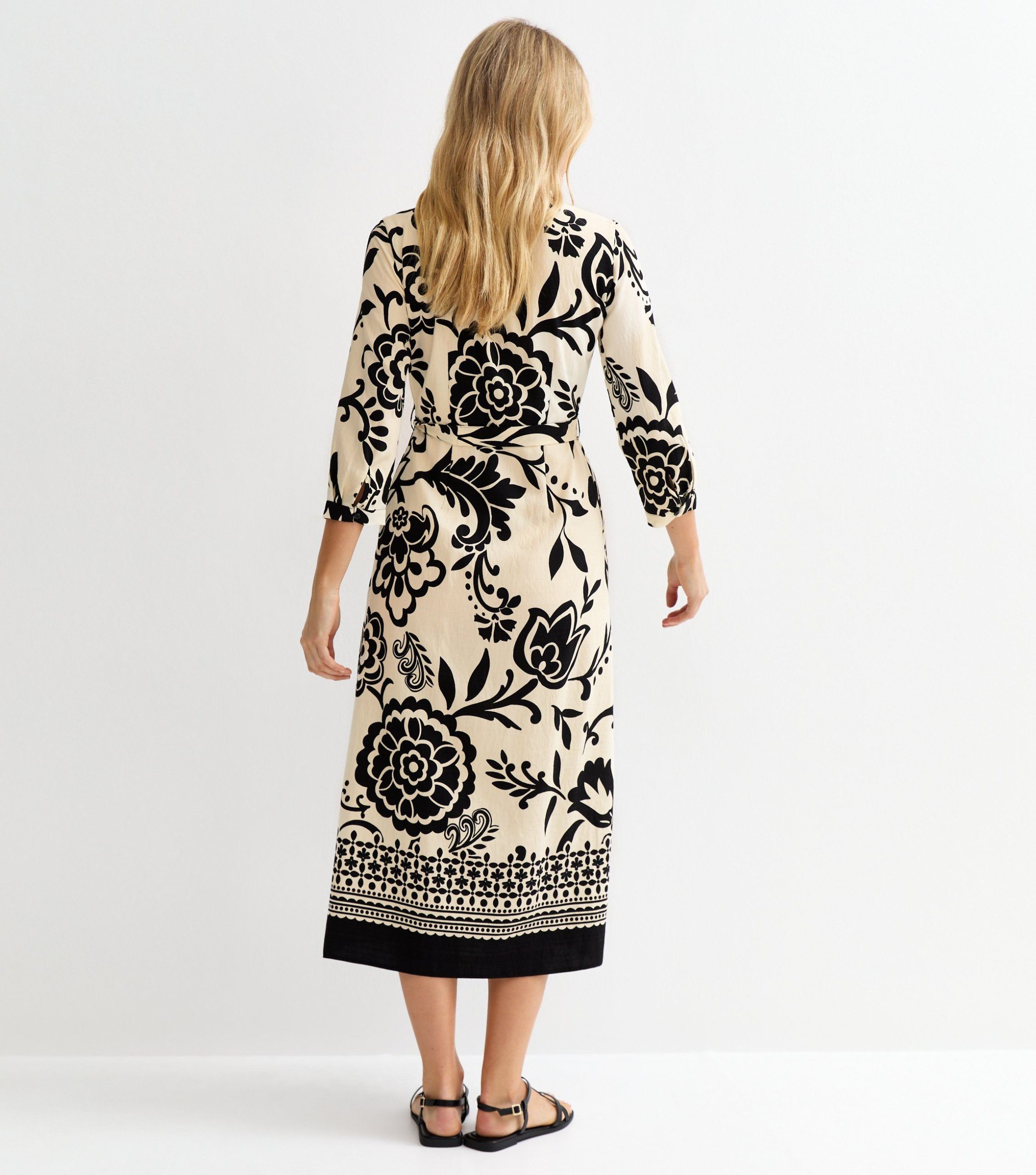 Cream Floral Border Tile Print Midi Shirt Dress - Image 4