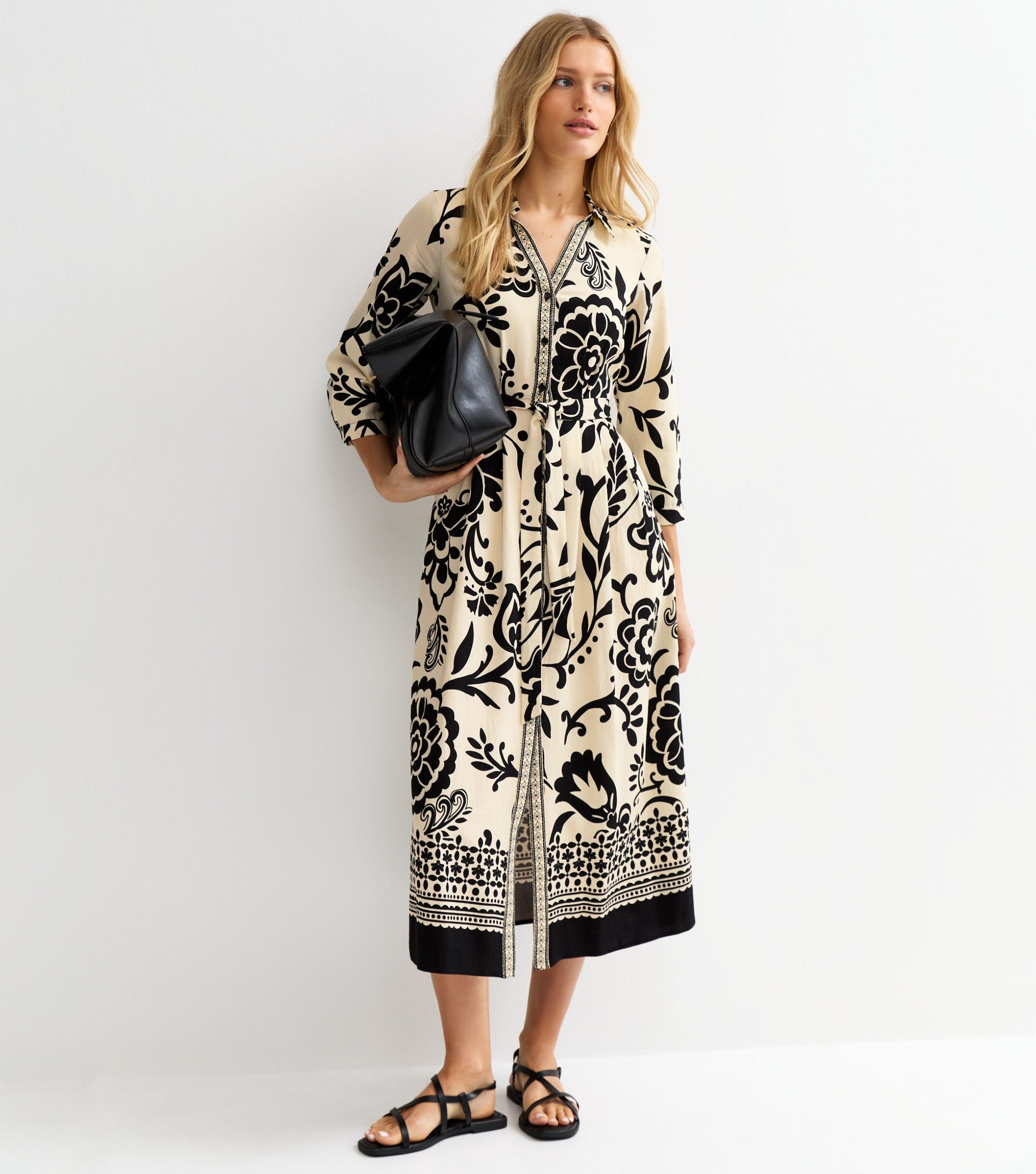 Cream Floral Border Tile Print Midi Shirt Dress