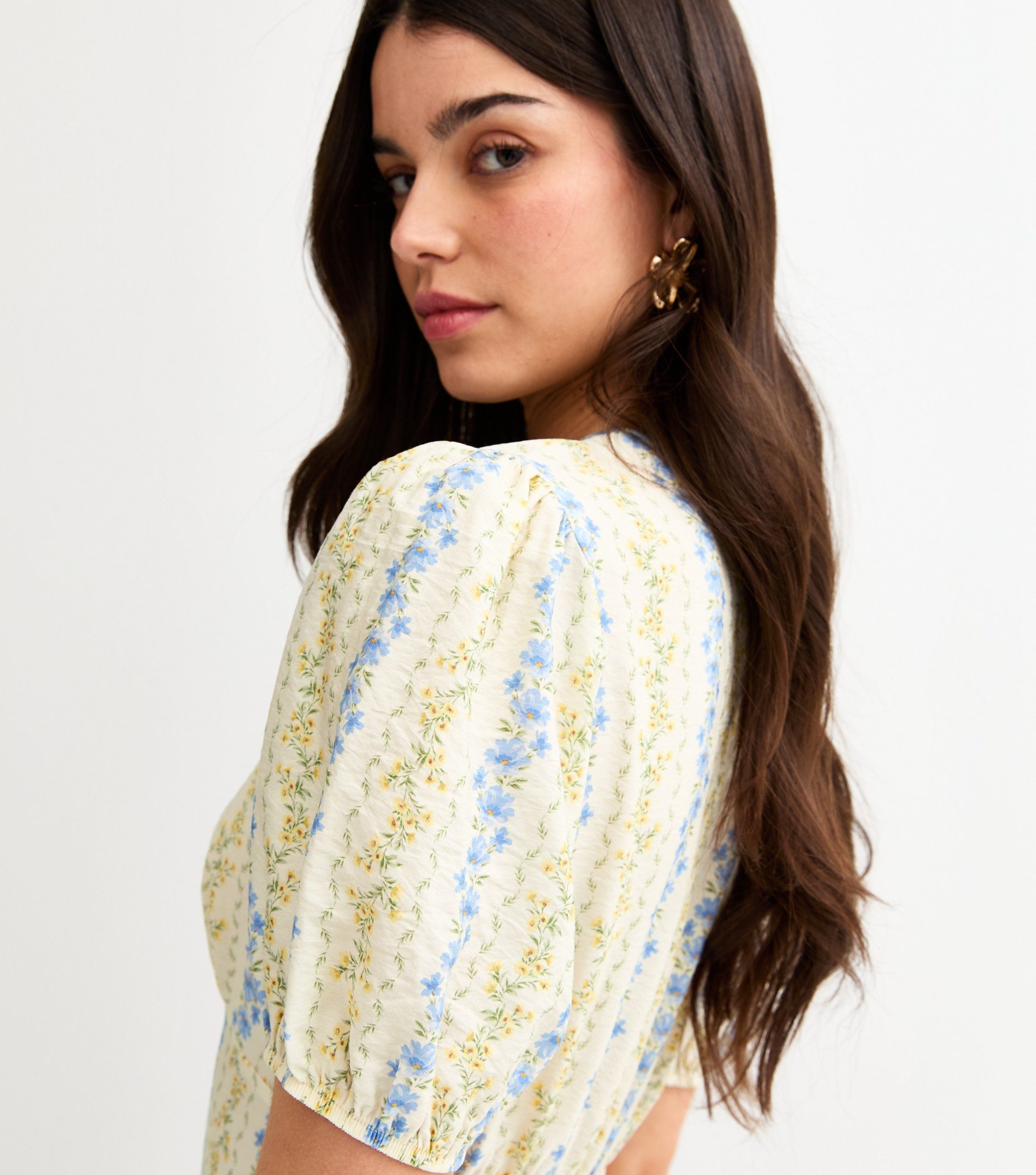 Cream Floral Puff Sleeve Midi Dress