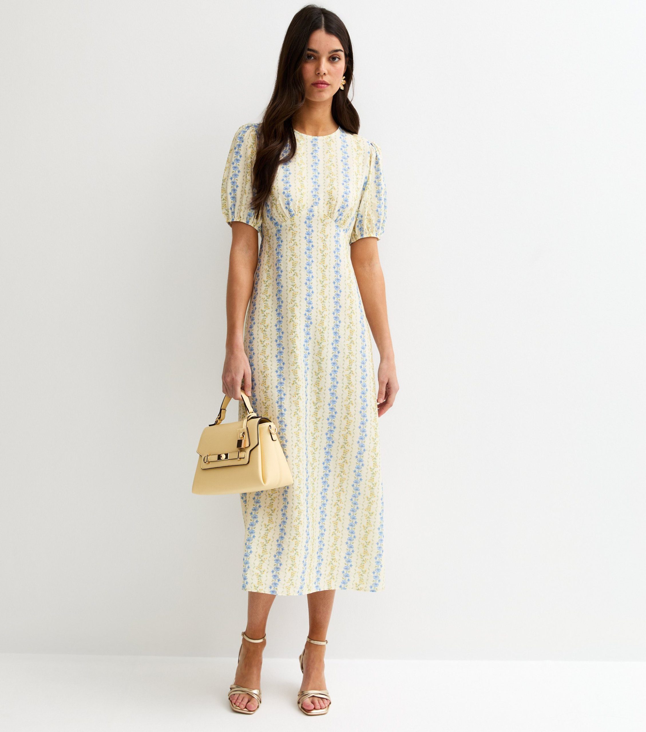 Cream Floral Puff Sleeve Midi Dress - Image 5
