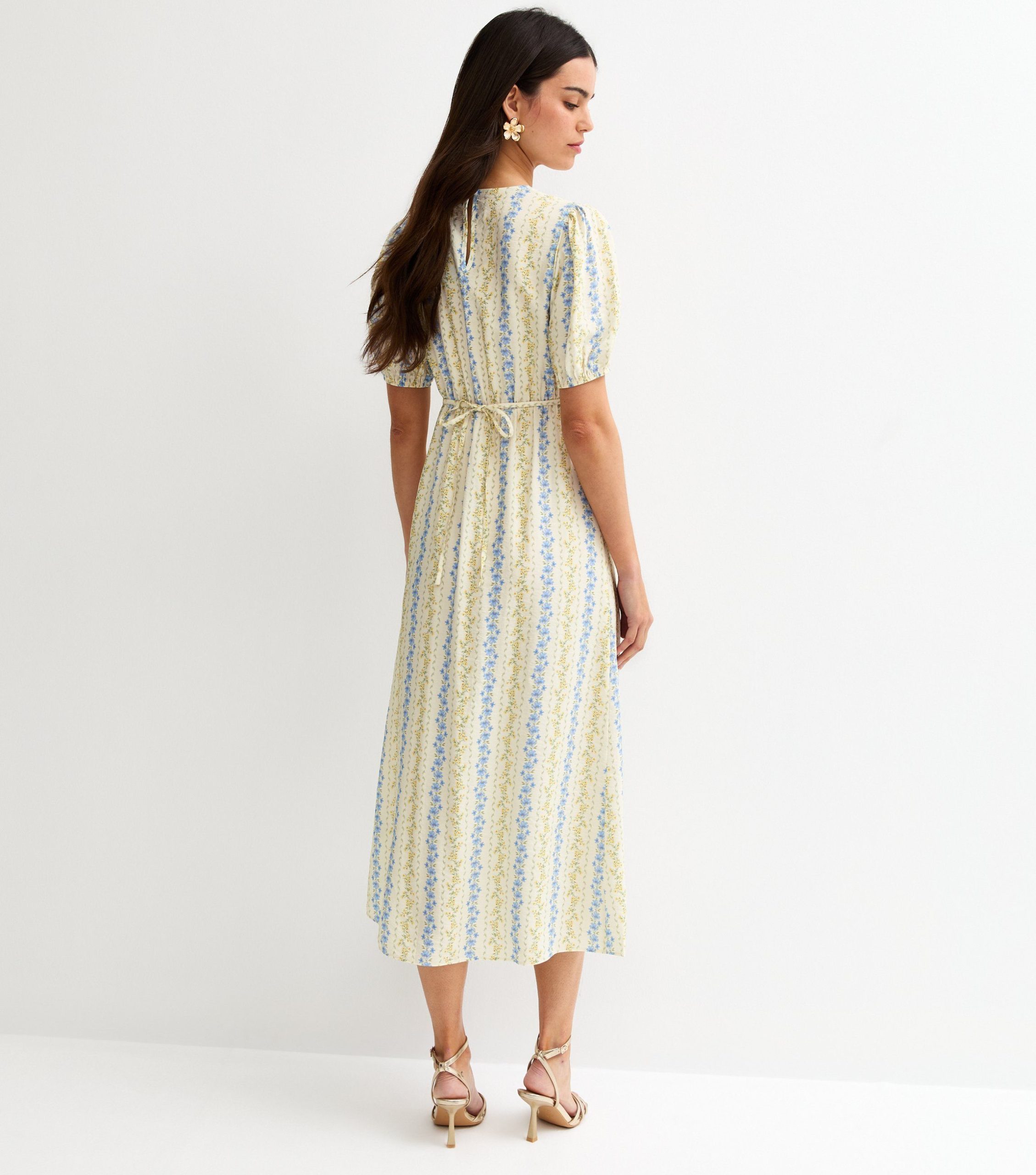 Cream Floral Puff Sleeve Midi Dress - Image 4