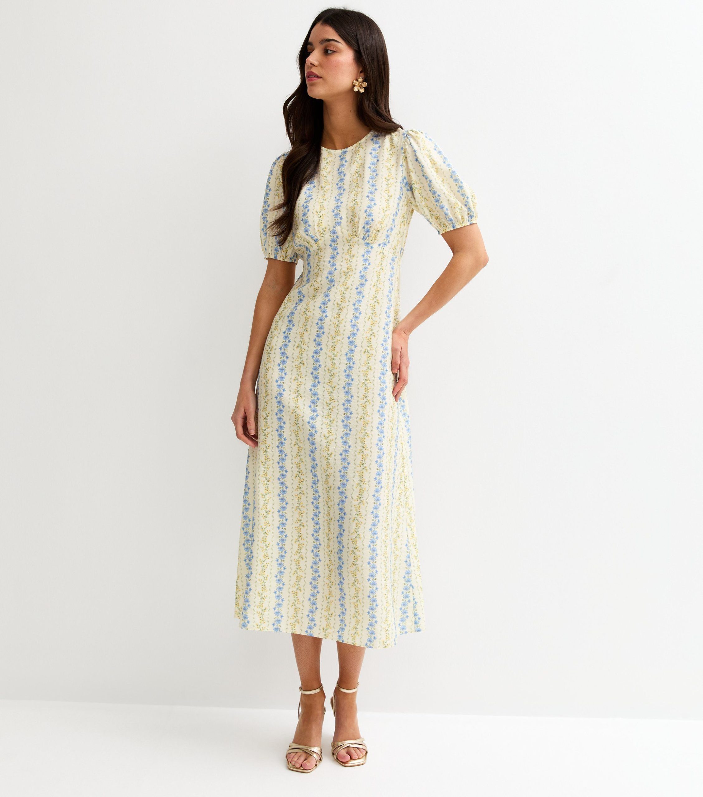 Cream Floral Puff Sleeve Midi Dress - Image 2
