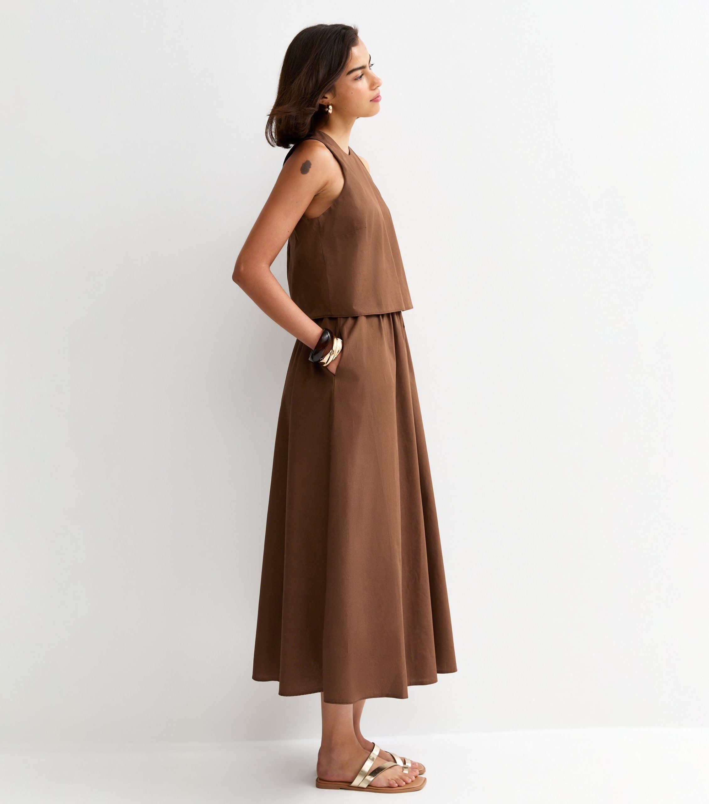 Dark Brown Layered Sleeveless Midi Dress - Image 3