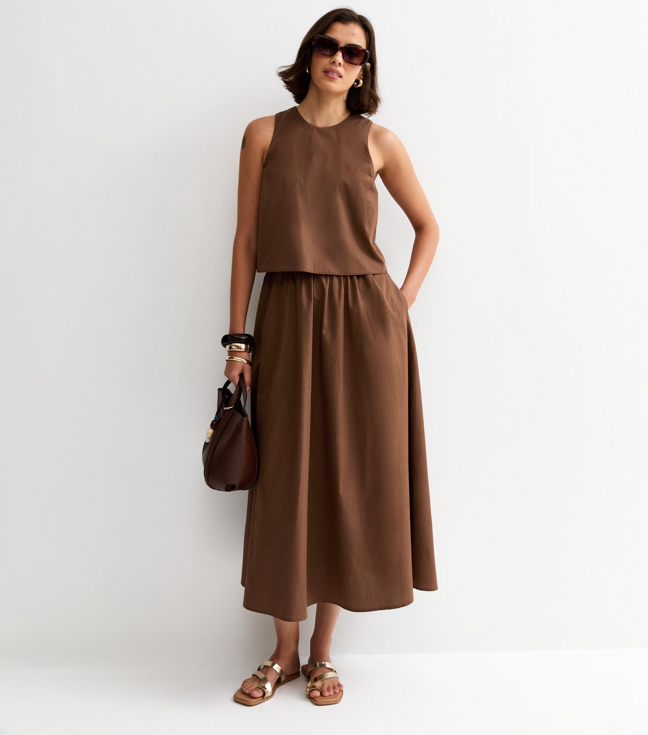 Dark Brown Layered Sleeveless Midi Dress
