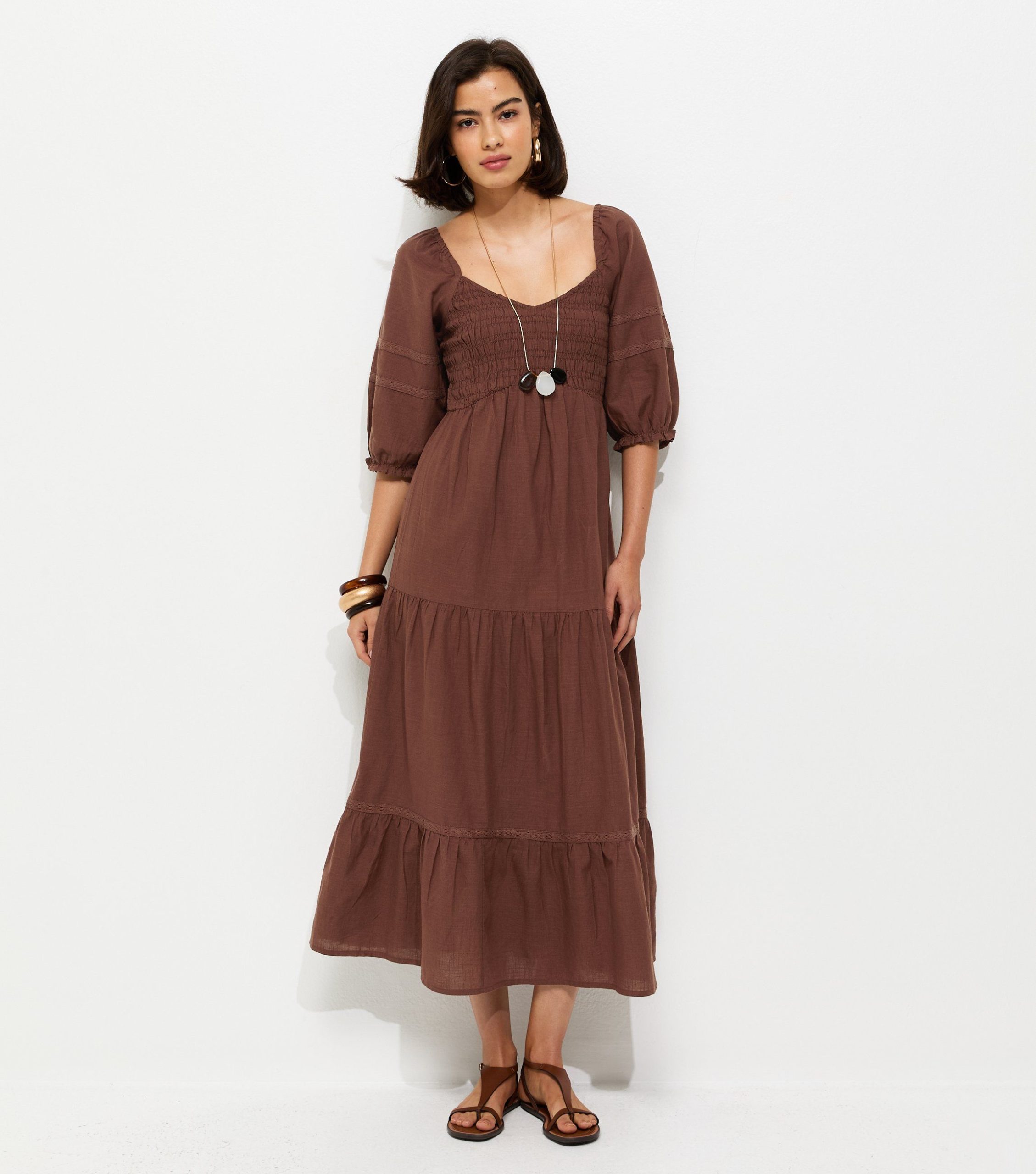 Dark Brown Shirred Milkmaid Midi Dress - Image 2