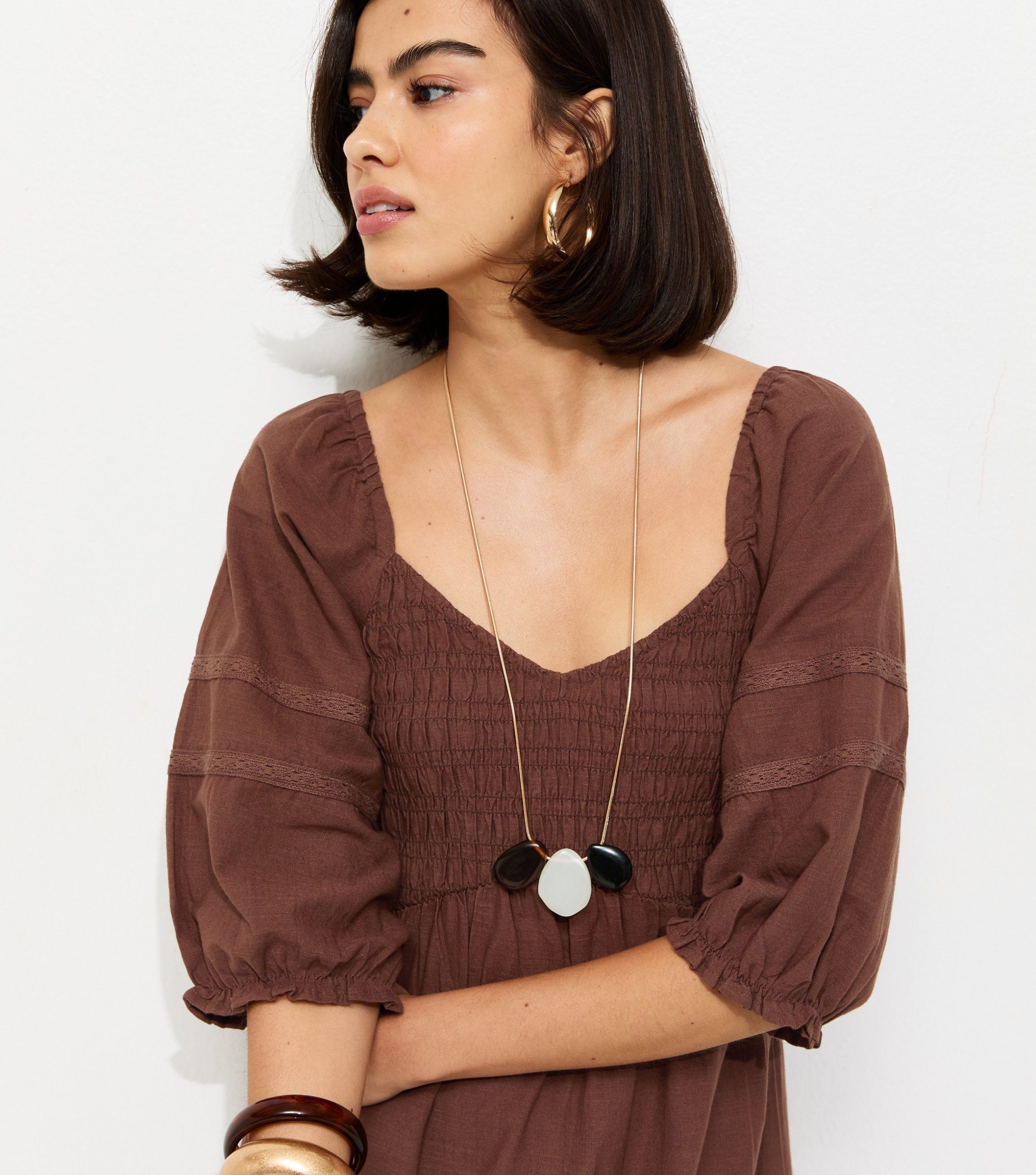 Dark Brown Shirred Milkmaid Midi Dress - Image 3