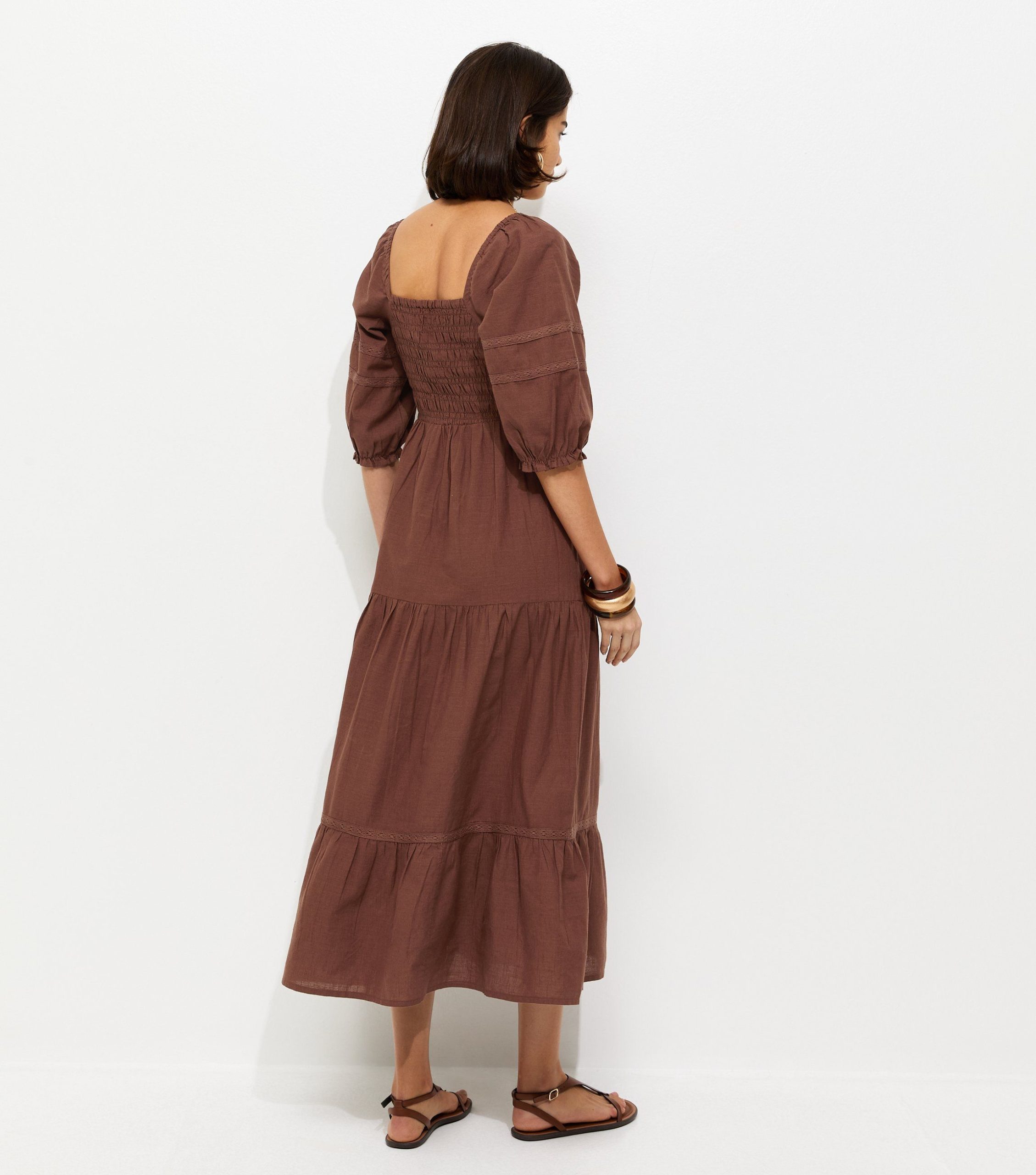 Dark Brown Shirred Milkmaid Midi Dress - Image 4