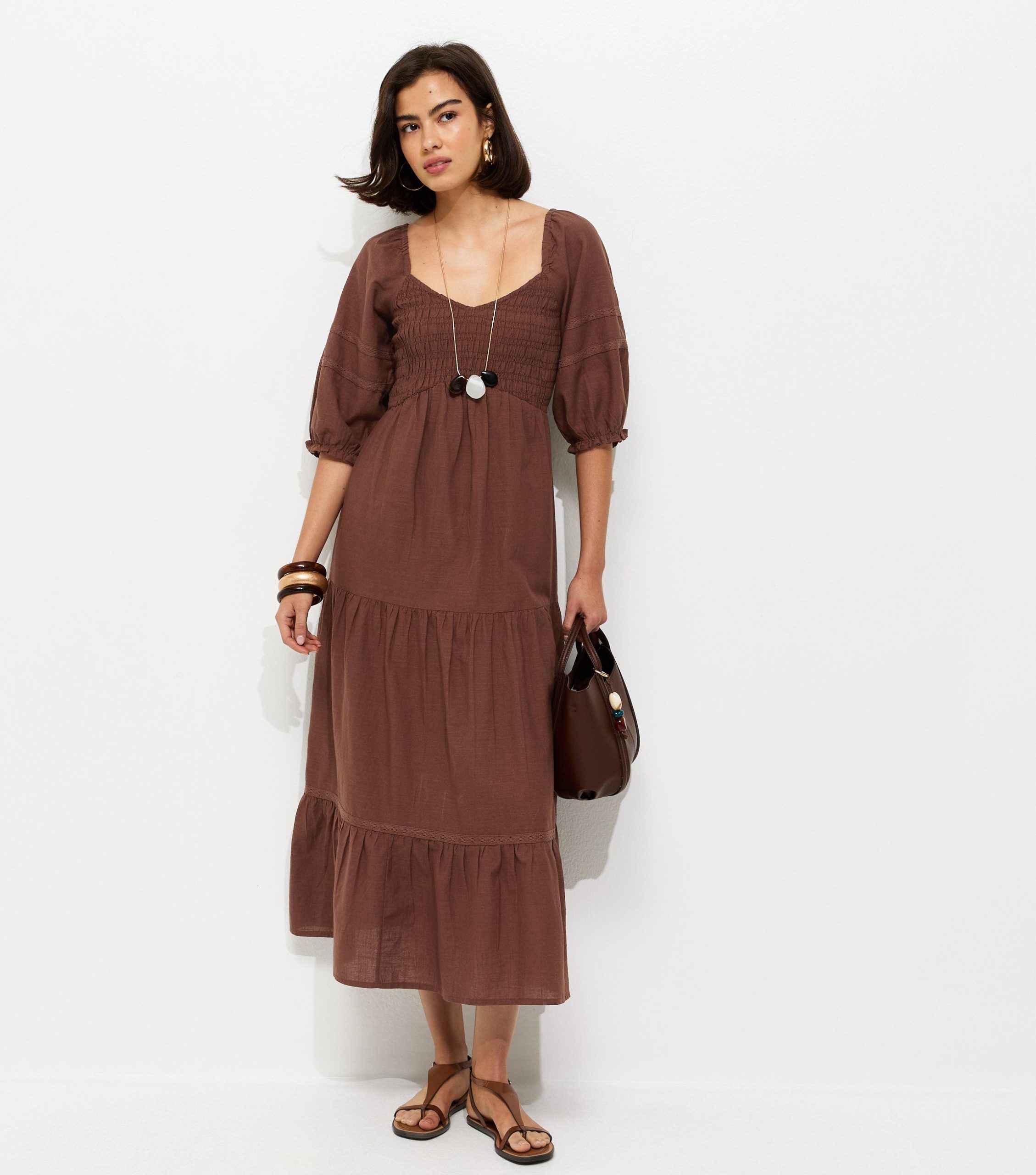 Dark Brown Shirred Milkmaid Midi Dress