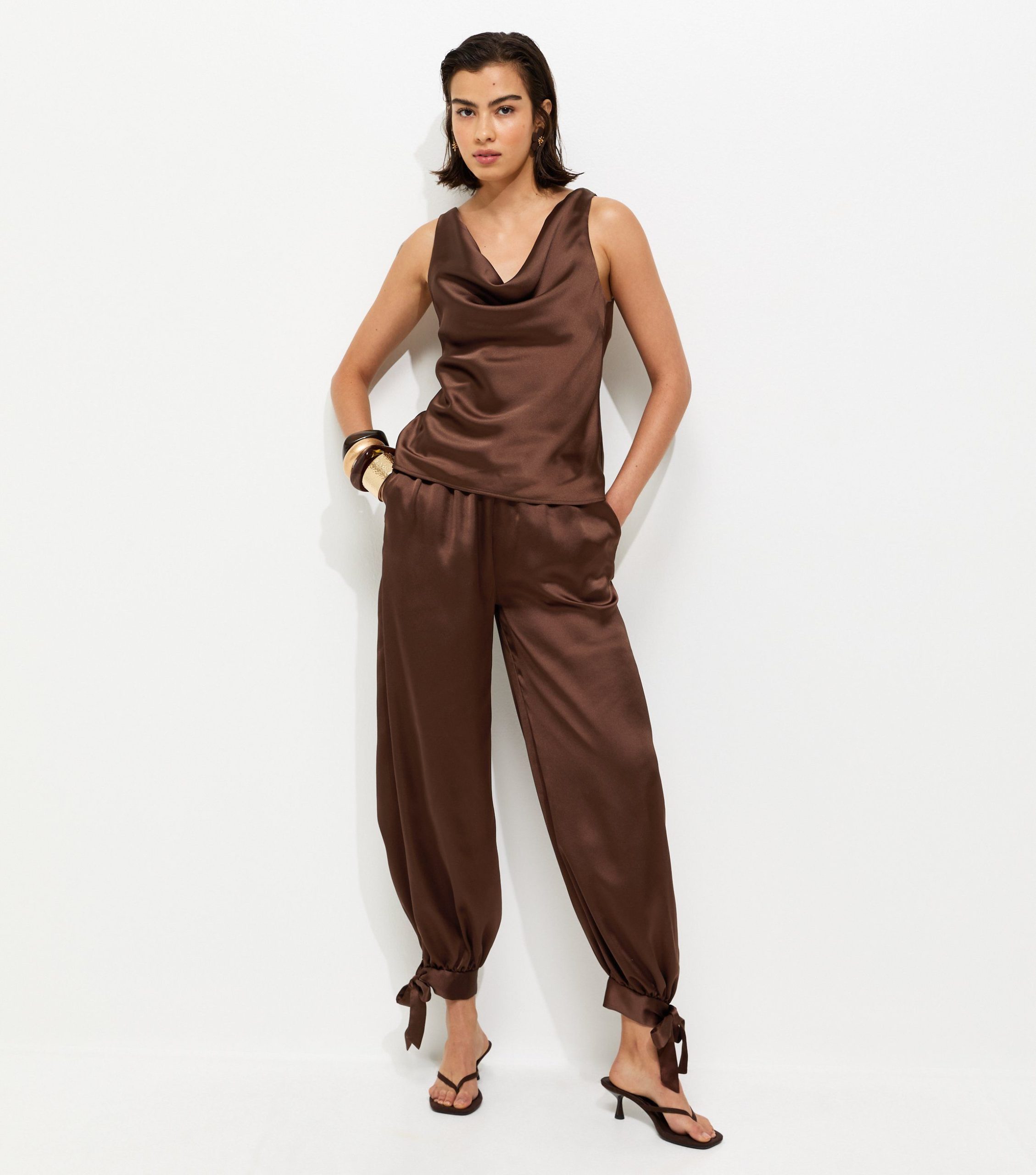 Dark Brown Soft Touch Tie Cuff Satin Trousers - Image 2
