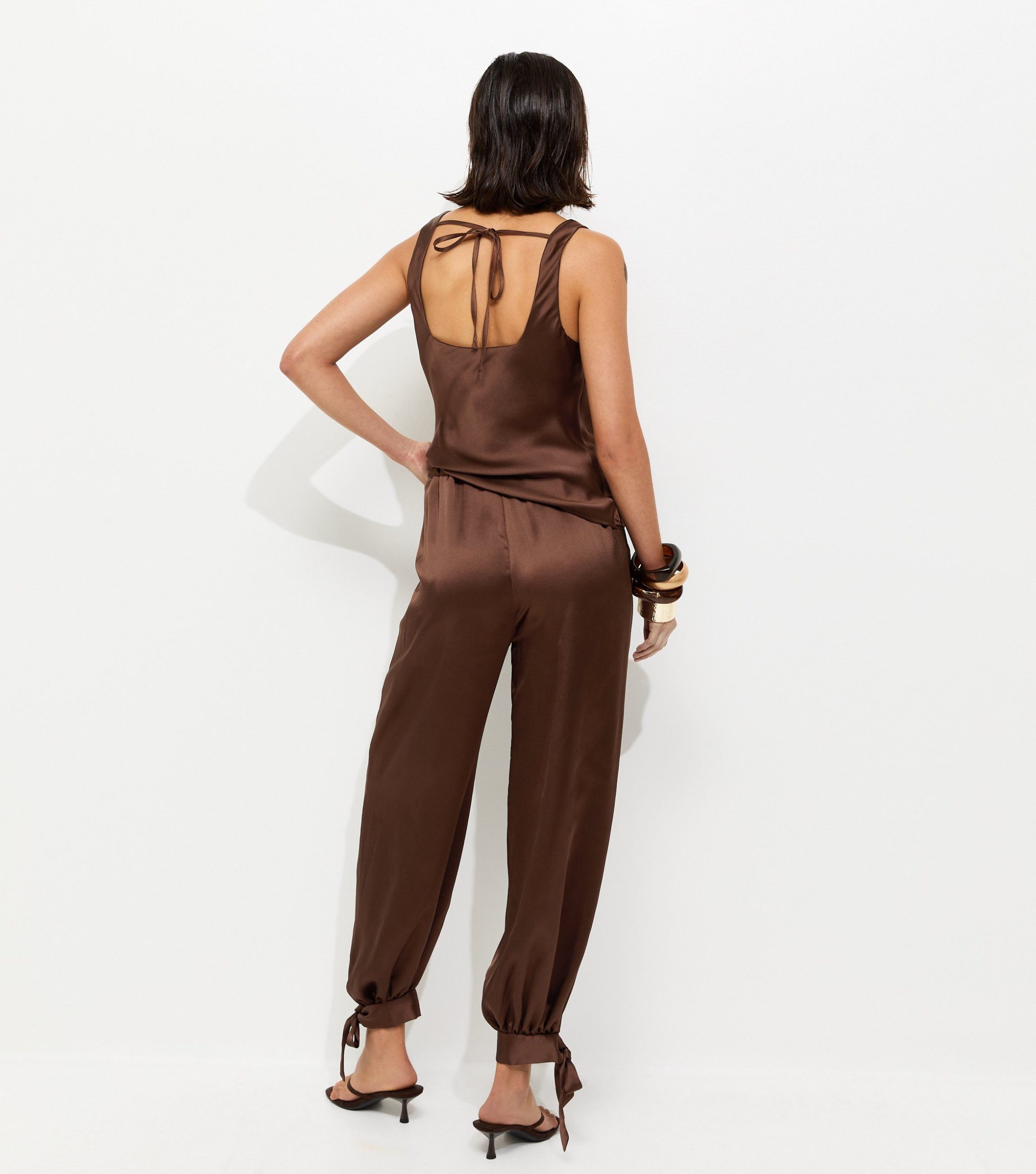 Dark Brown Soft Touch Tie Cuff Satin Trousers - Image 4