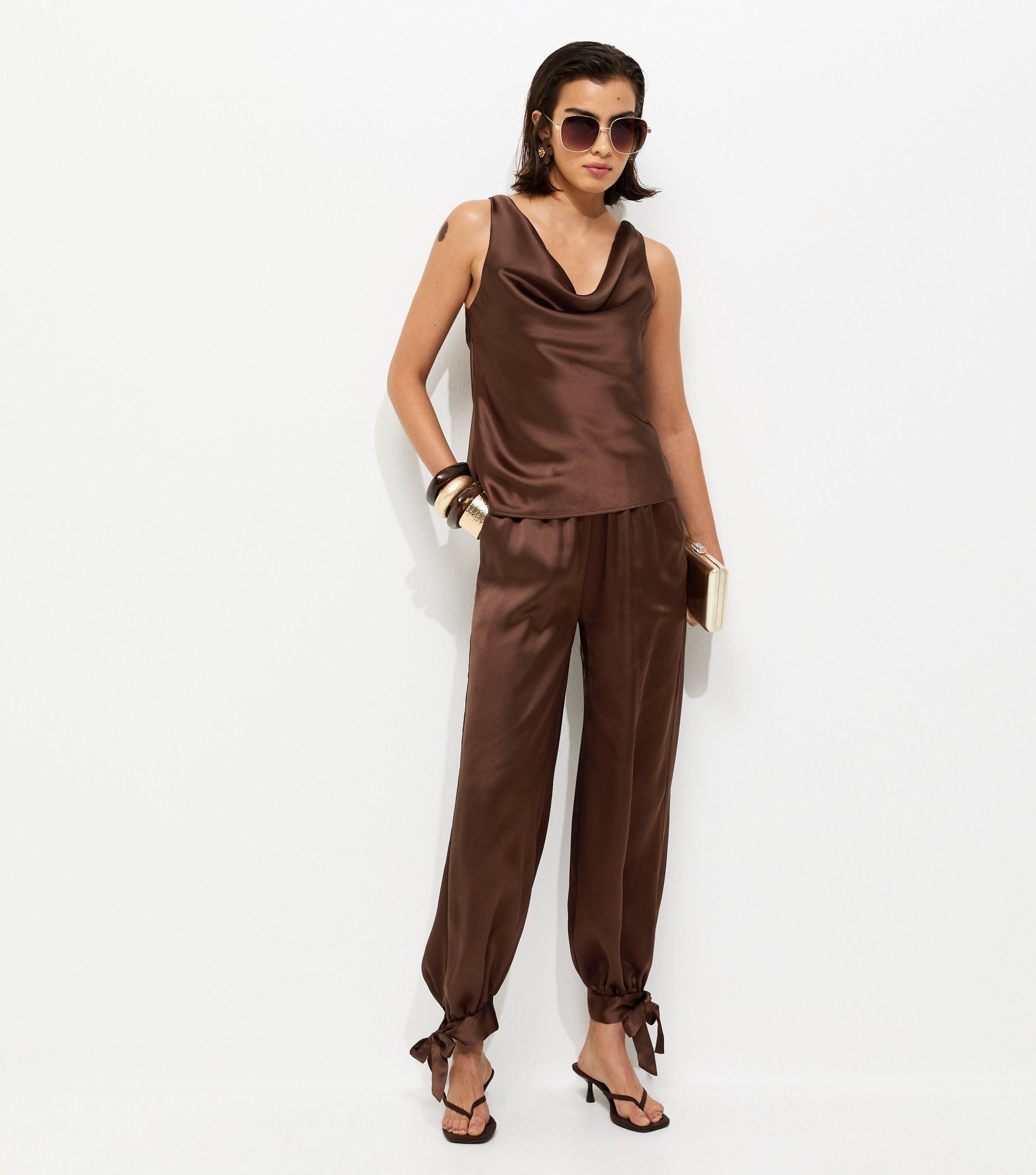 Dark Brown Soft Touch Tie Cuff Satin Trousers