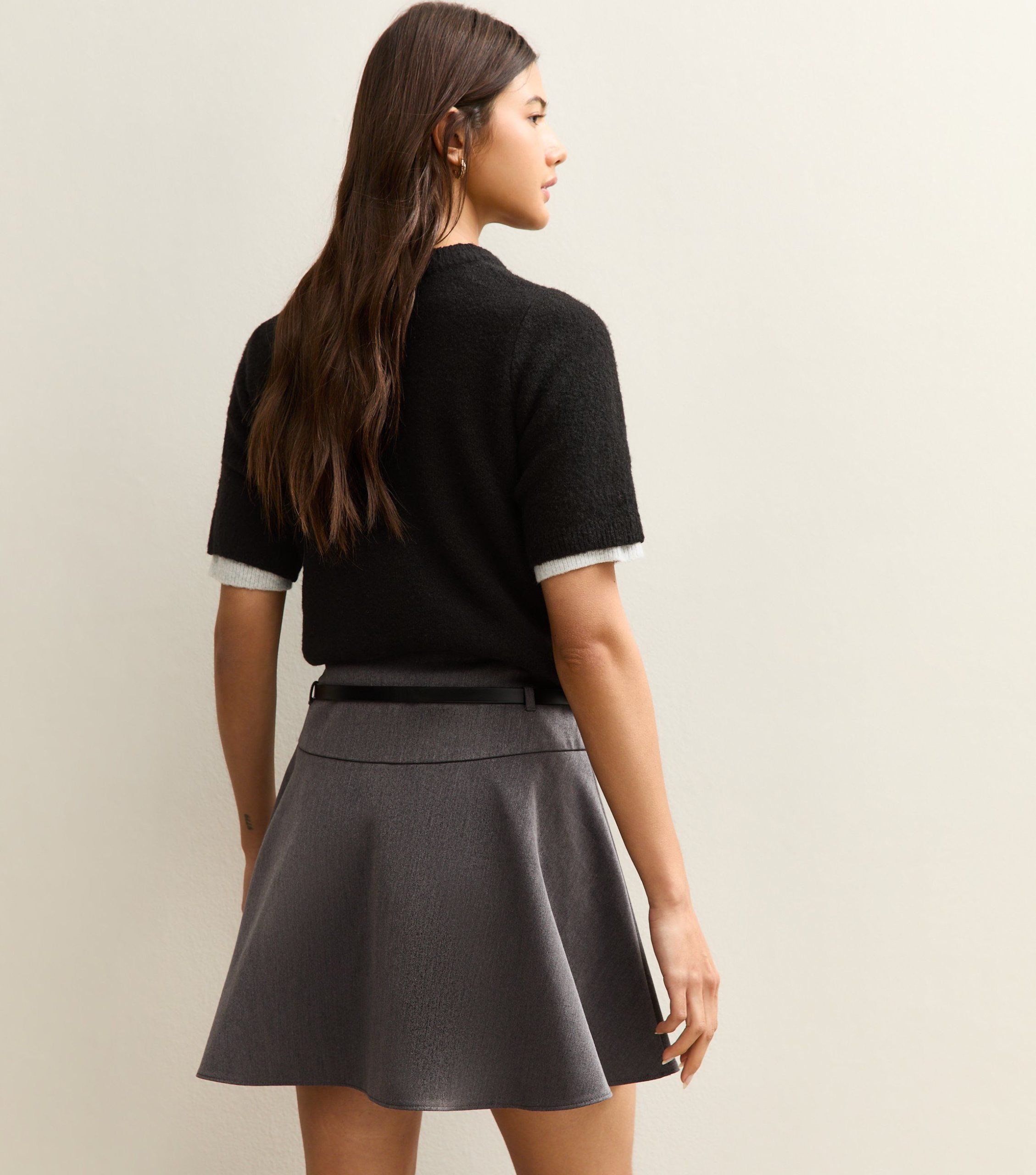 Dark Grey Belted Flippy Mini Skirt - Image 4