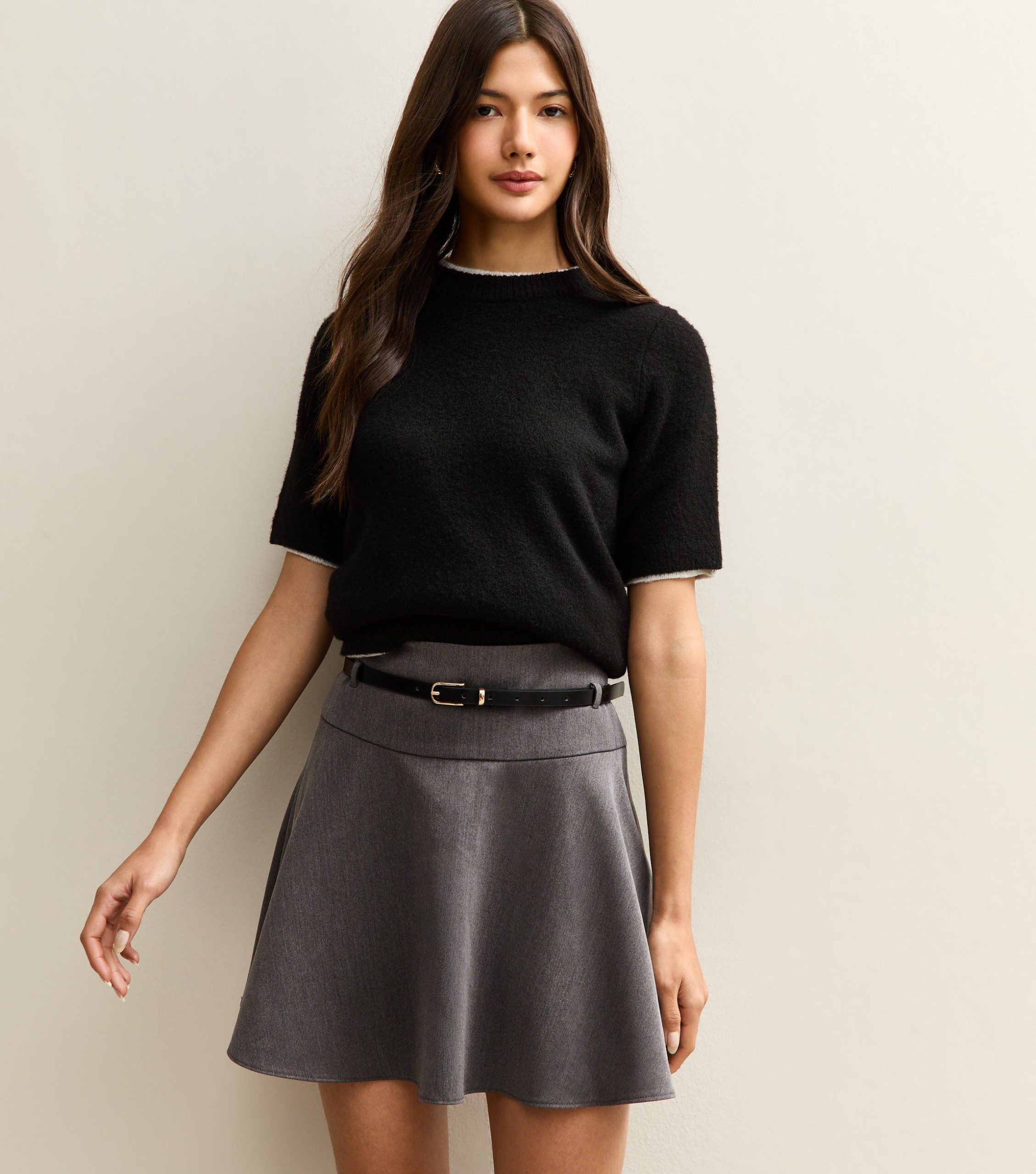 Dark Grey Belted Flippy Mini Skirt