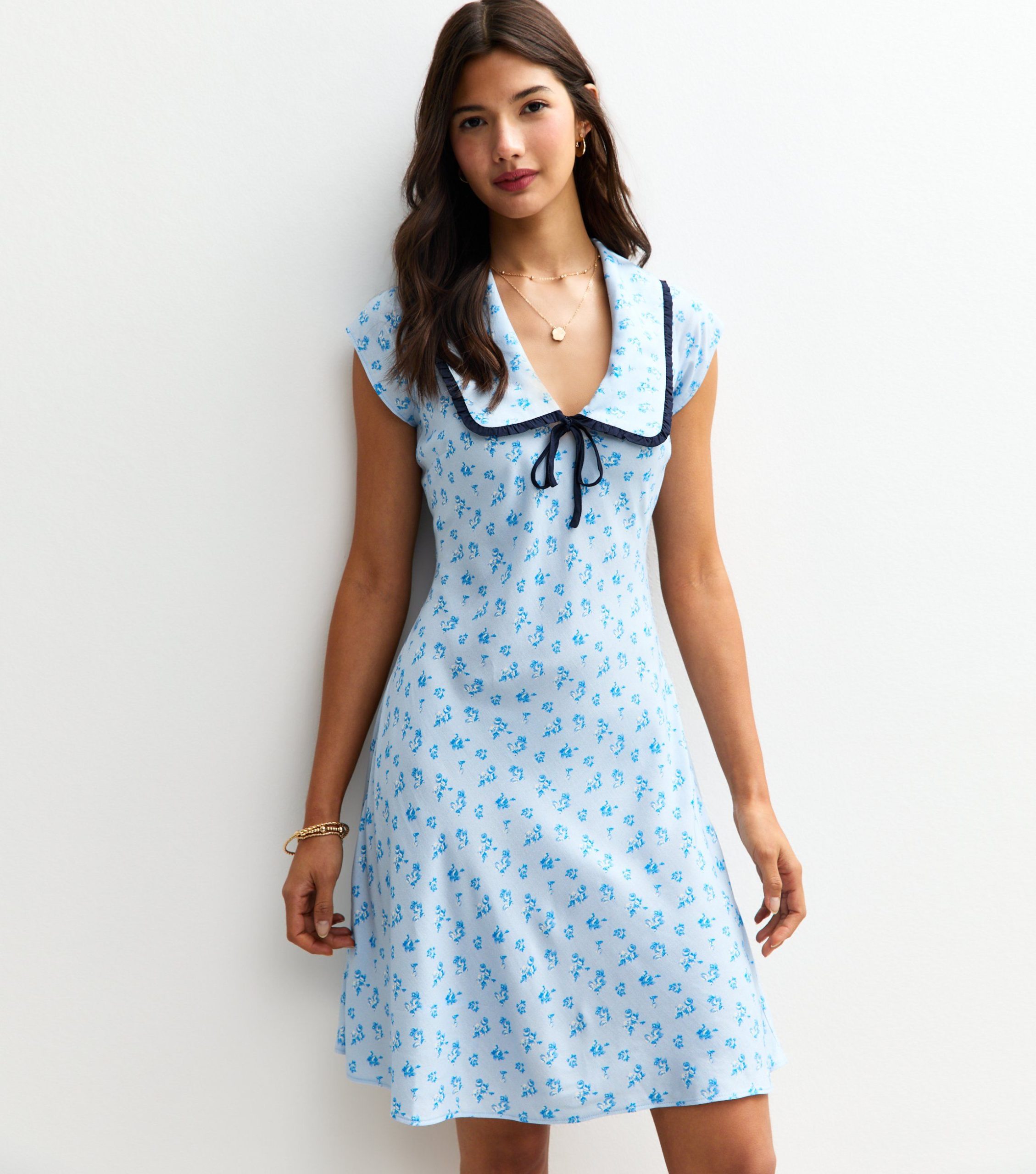 Light Blue Floral Print Collared Mini Dress