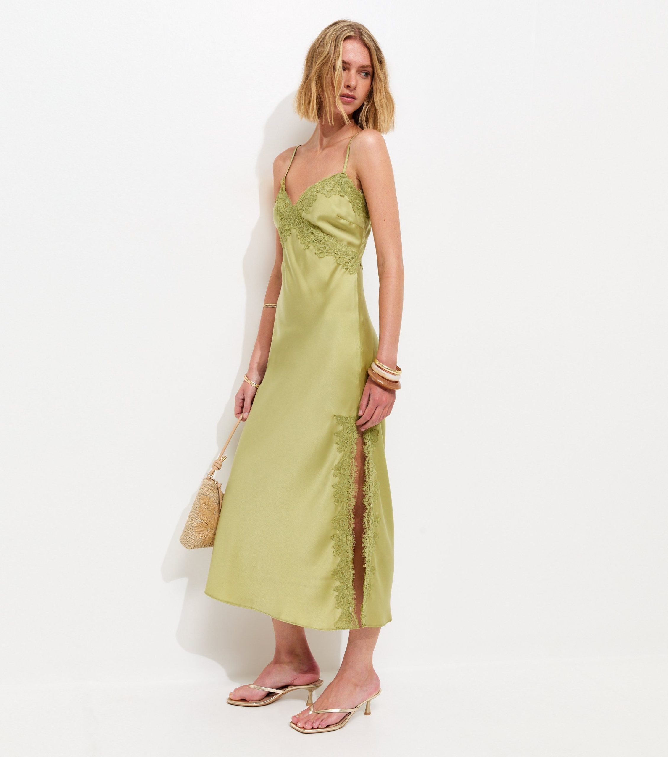 Light Green Lace Trim Slip Strappy Midi Dress - Image 2