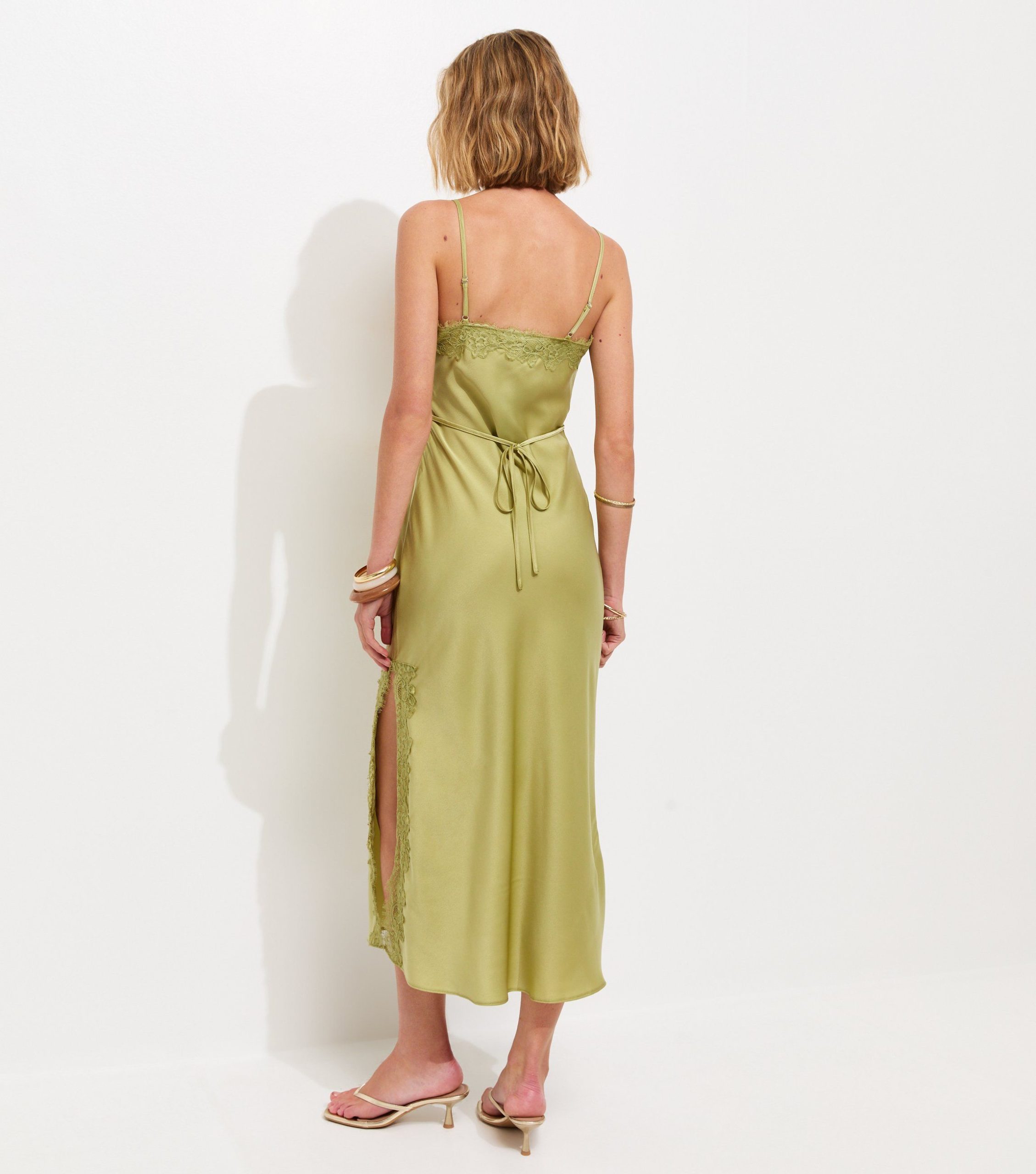 Light Green Lace Trim Slip Strappy Midi Dress - Image 4